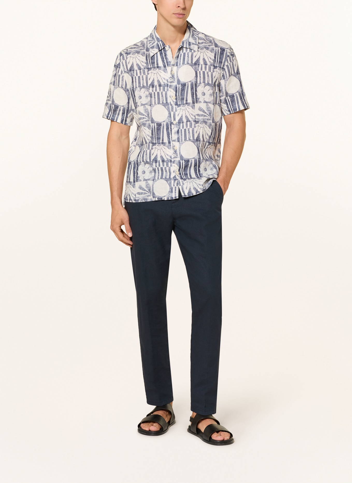 Marc O'Polo Chemise à manches courtes coupe classique en lin: BLANC / BLEU FONCÉ