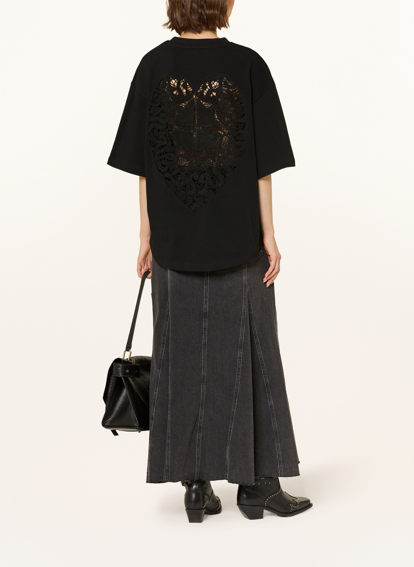 ALLSAINTS Oversized tričko ESME AMELIE s krajkou: ČERNÁ