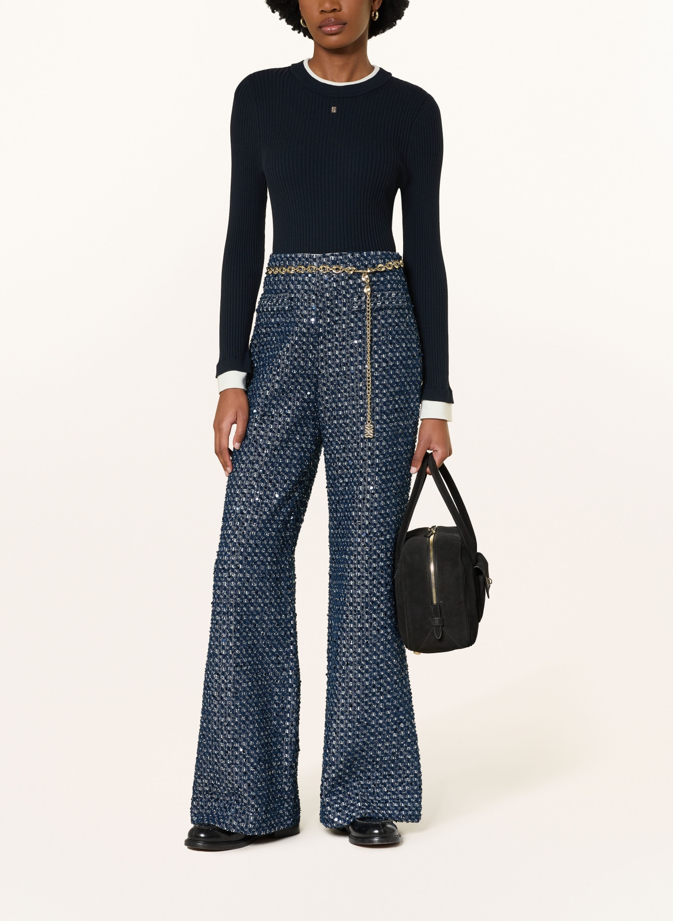 SANDRO Marlenehose aus Tweed mit Pailletten: DUNKELBLAU / ECRU