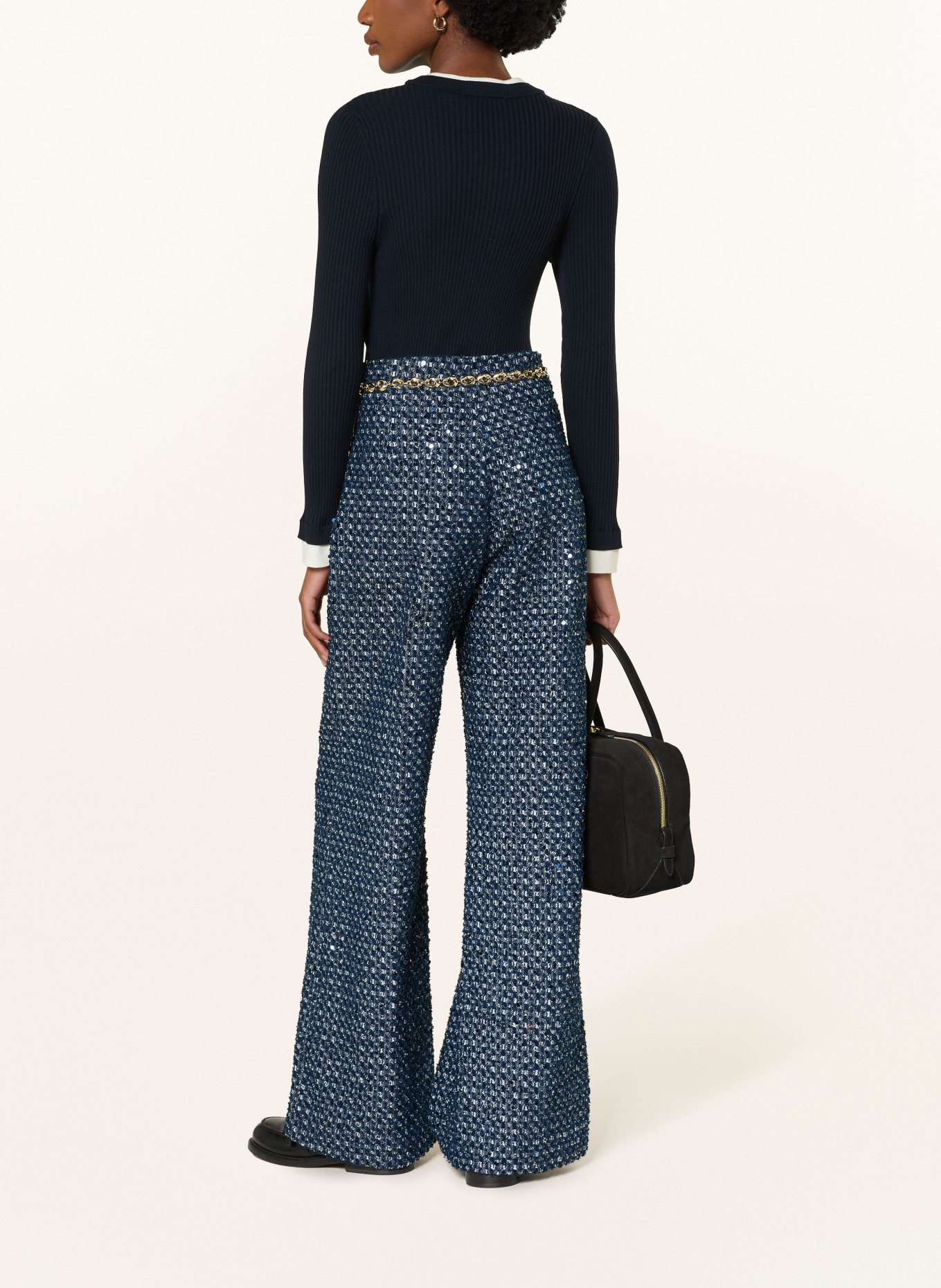 SANDRO Marlenehose aus Tweed mit Pailletten: DUNKELBLAU / ECRU