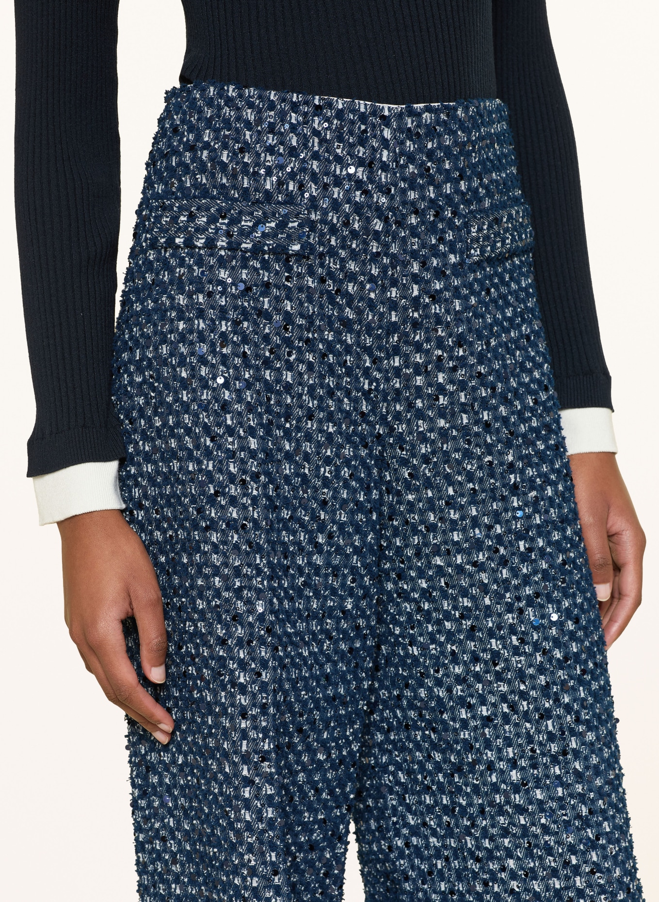 SANDRO Marlenehose aus Tweed mit Pailletten: DUNKELBLAU / ECRU