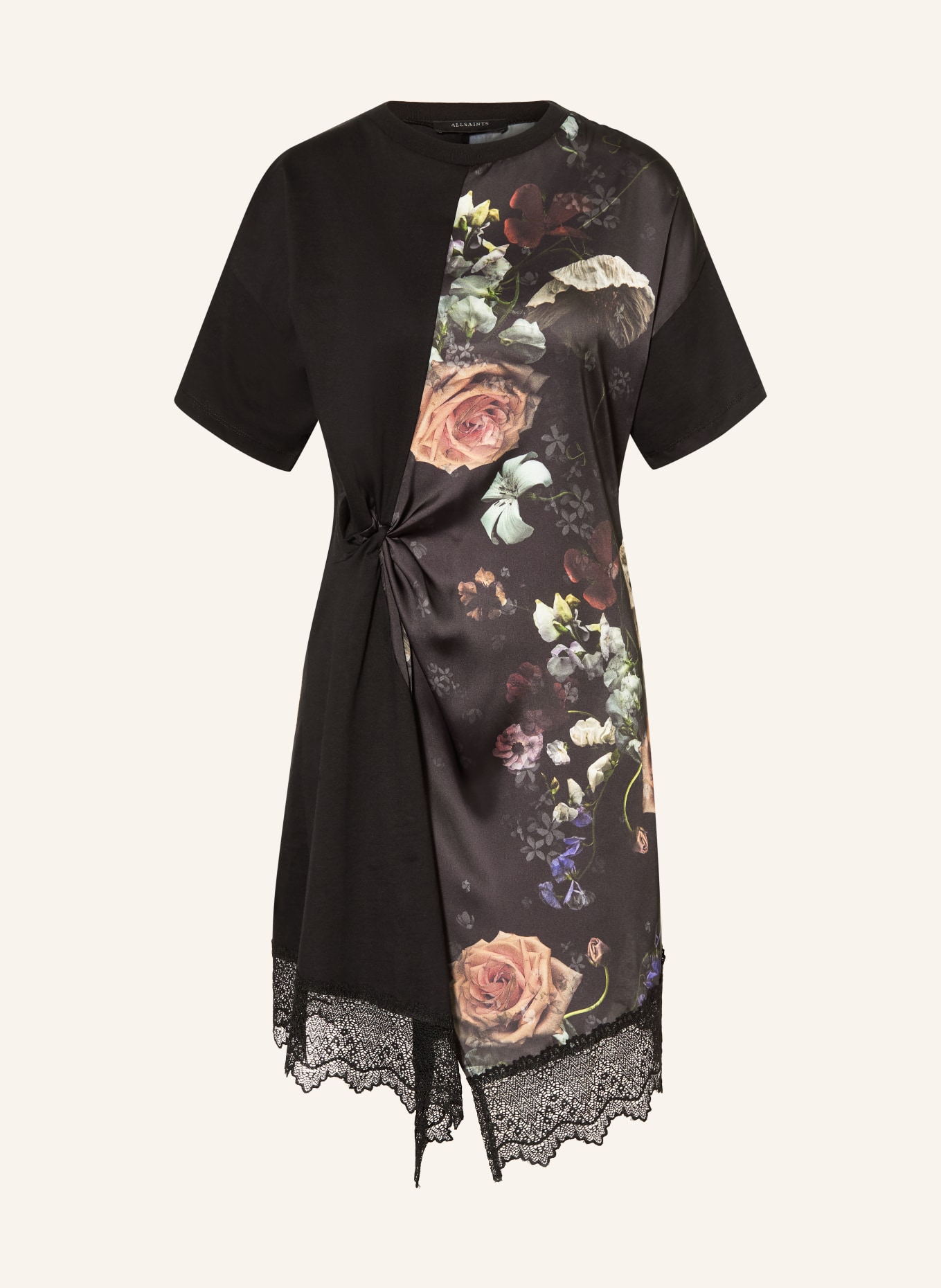 ALLSAINTS LANA LACE dress in a mix of materials with lace: BLACK / LIGHT RED / GREEN