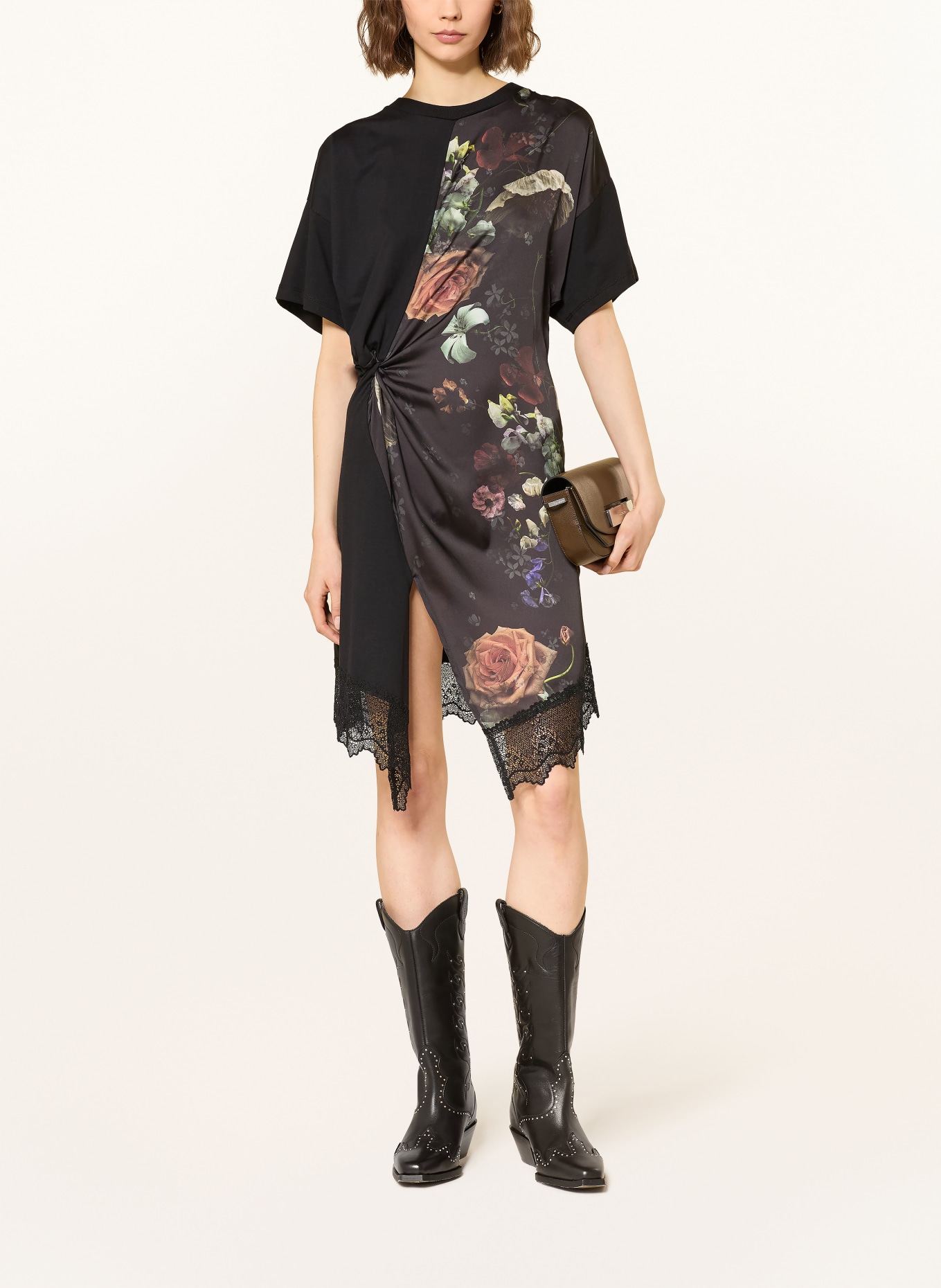 ALLSAINTS LANA LACE dress in a mix of materials with lace: BLACK / LIGHT RED / GREEN