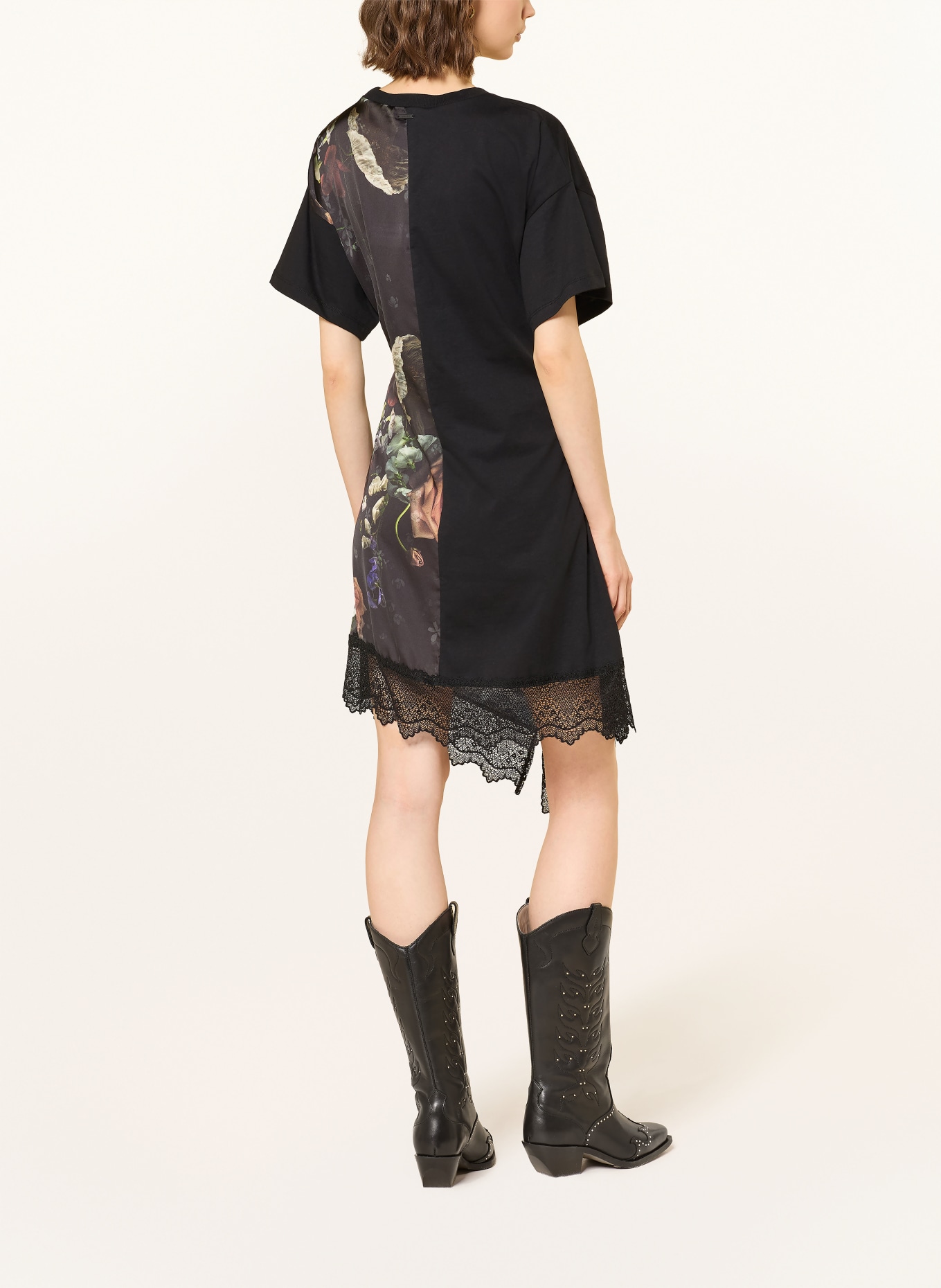 ALLSAINTS LANA LACE dress in a mix of materials with lace: BLACK / LIGHT RED / GREEN