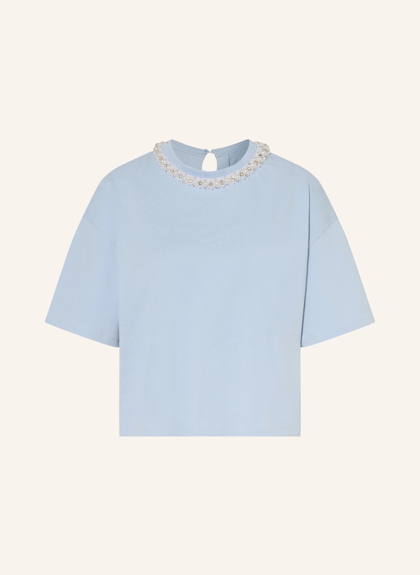 maje T-Shirt mit Schmucksteinen und Schmuckperlen: HELLBLAU