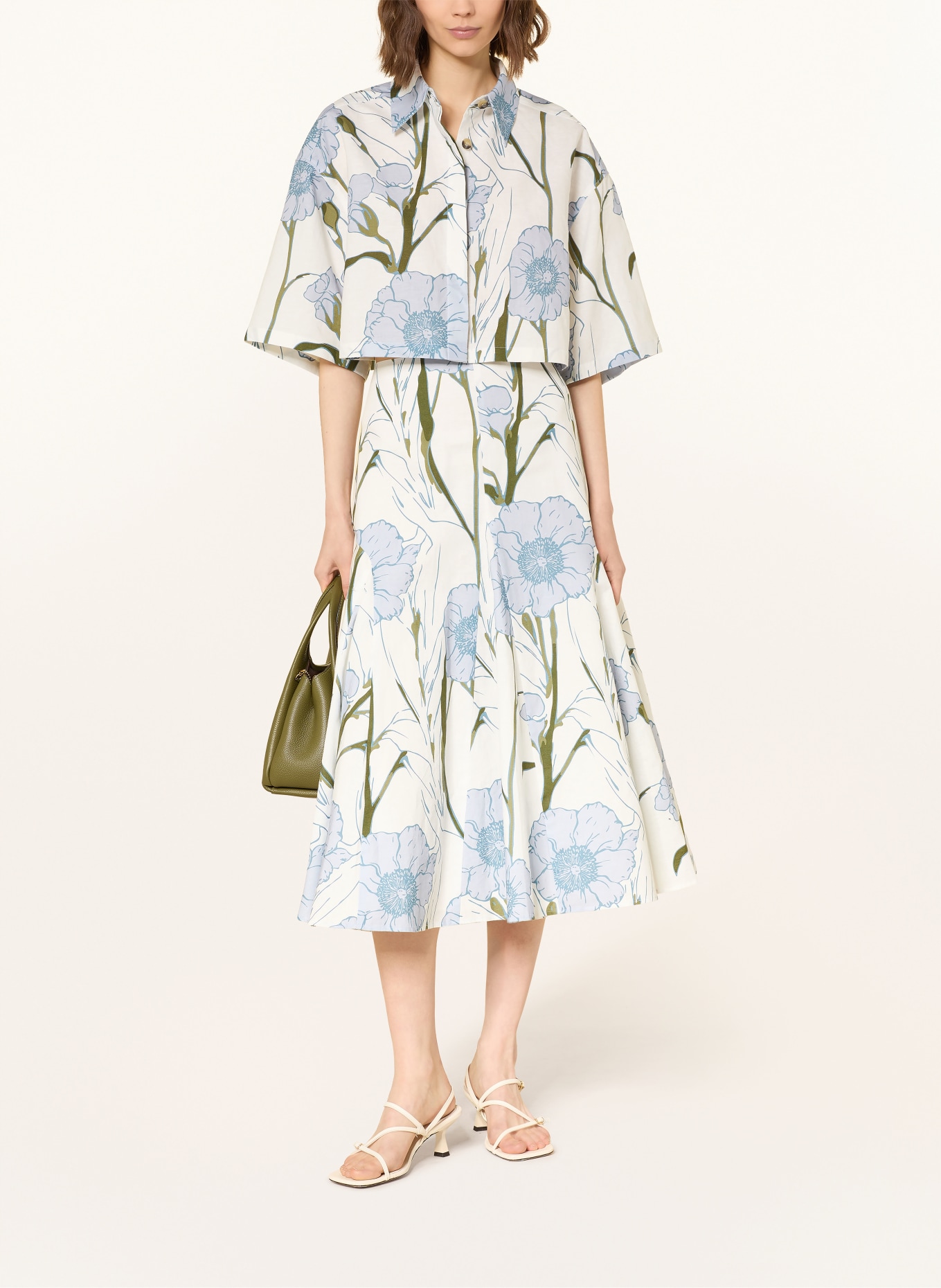 TED BAKER BARA cropped blouse with linen and 3/4 sleeves: ECRU / KHAKI / LIGHT BLUE