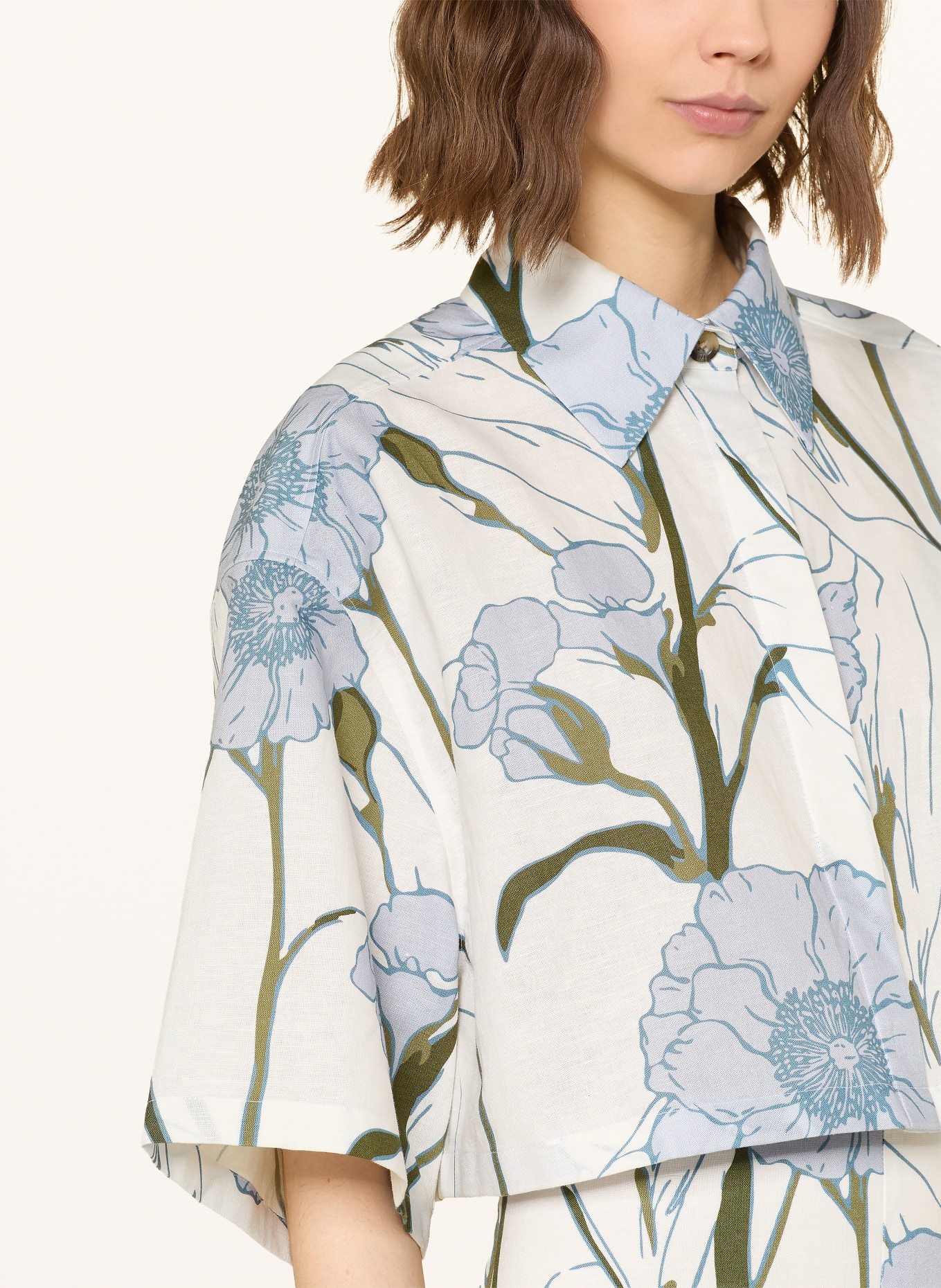 TED BAKER BARA cropped blouse with linen and 3/4 sleeves: ECRU / KHAKI / LIGHT BLUE