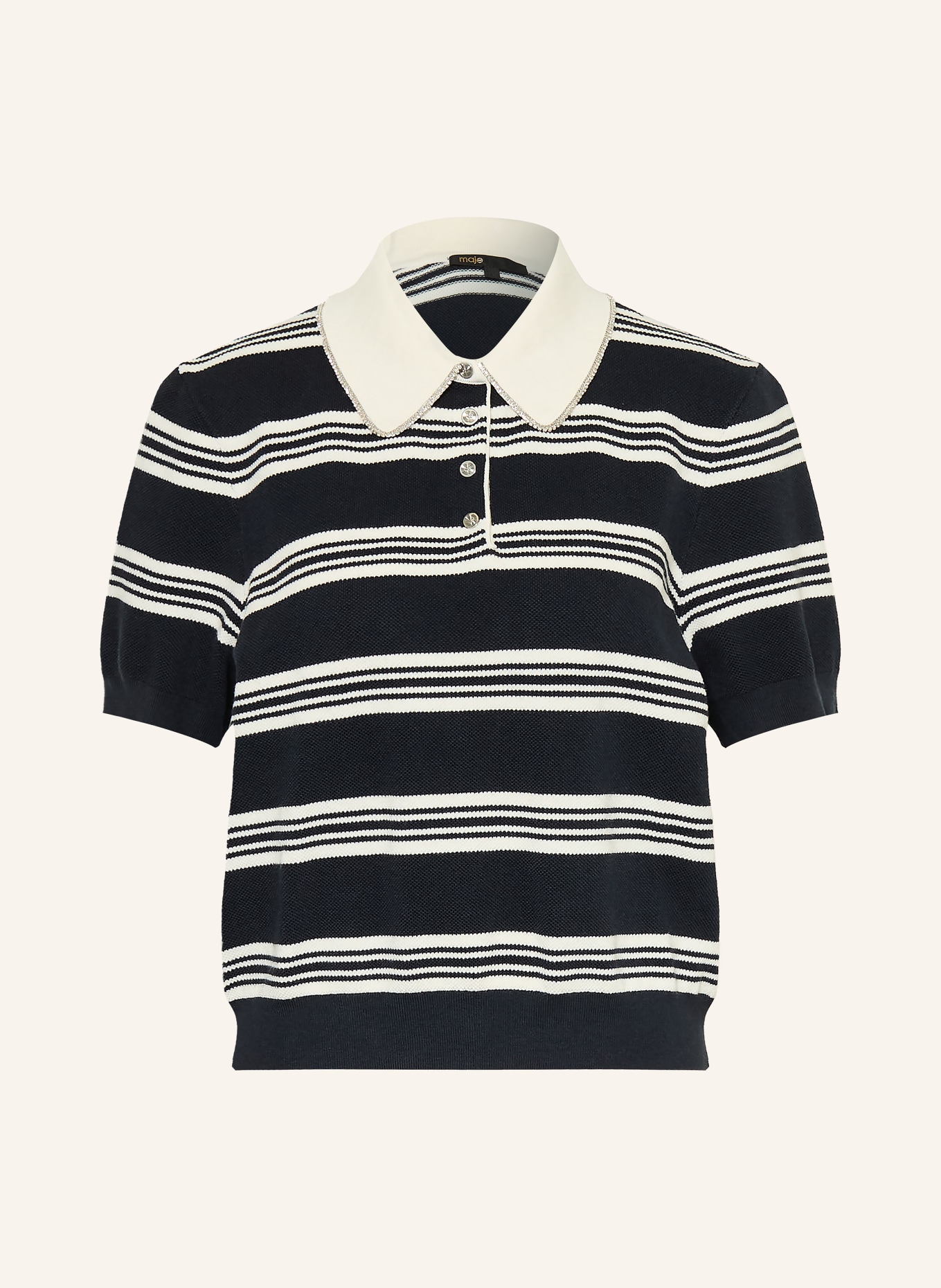 maje Strick-Poloshirt mit Schmucksteinen: DUNKELBLAU / CREME