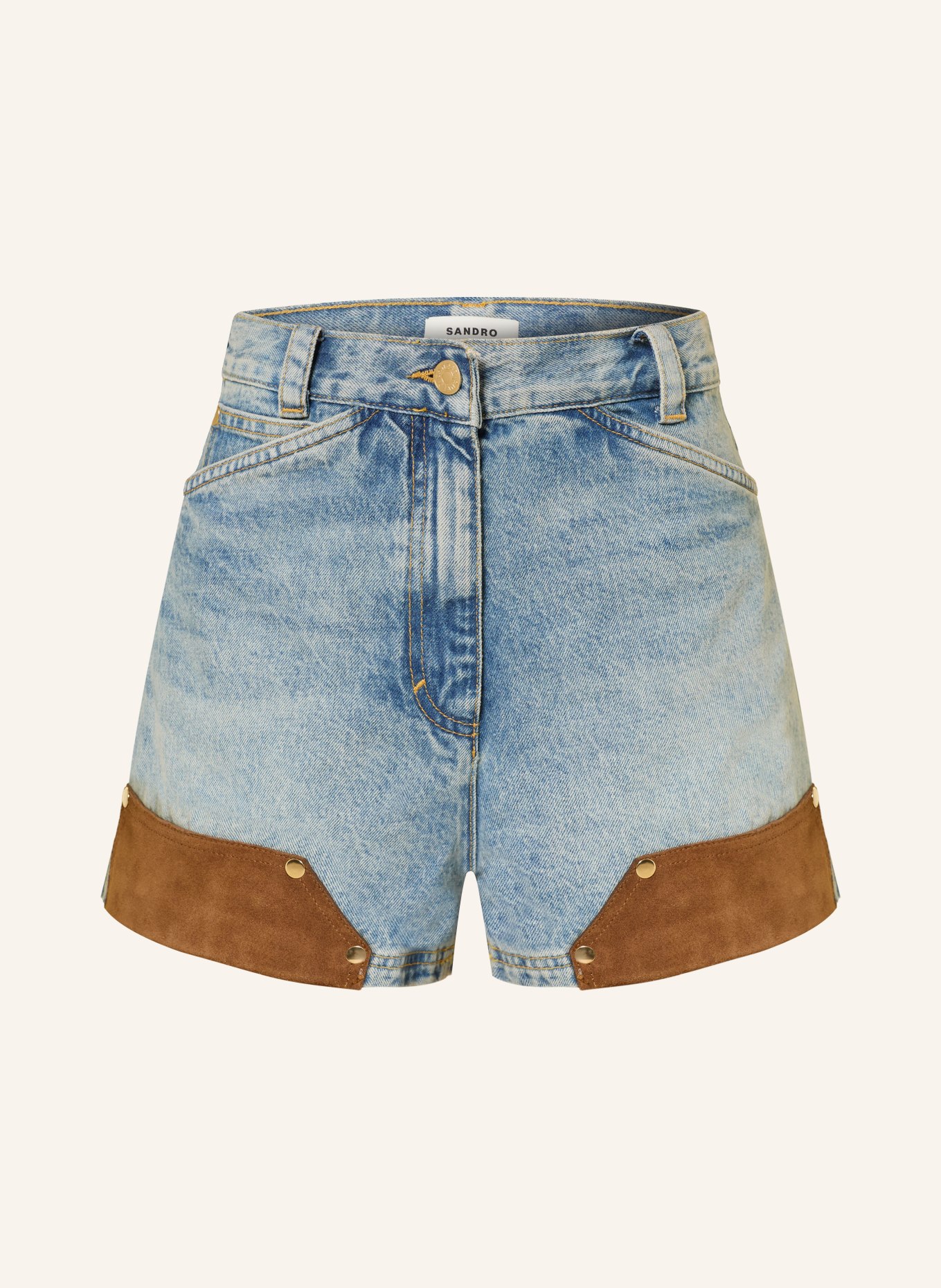 SANDRO Jeansshorts mit Nieten: HELLBLAU / GOLD / BRAUN