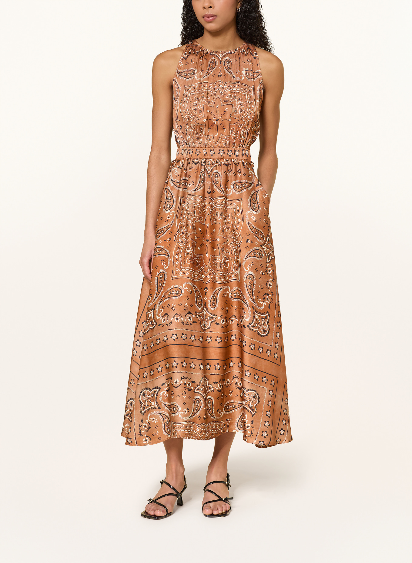 SANDRO Satinkleid mit Cut-outs: BRAUN / WEISS / SCHWARZ