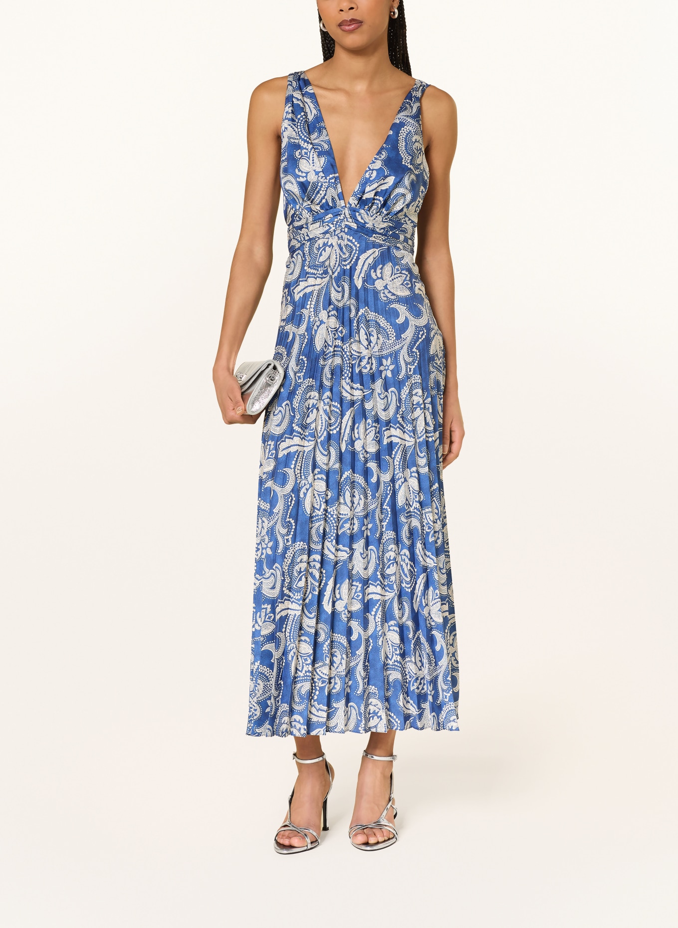 SANDRO Satinkleid mit Plissees: BLAU / CREME