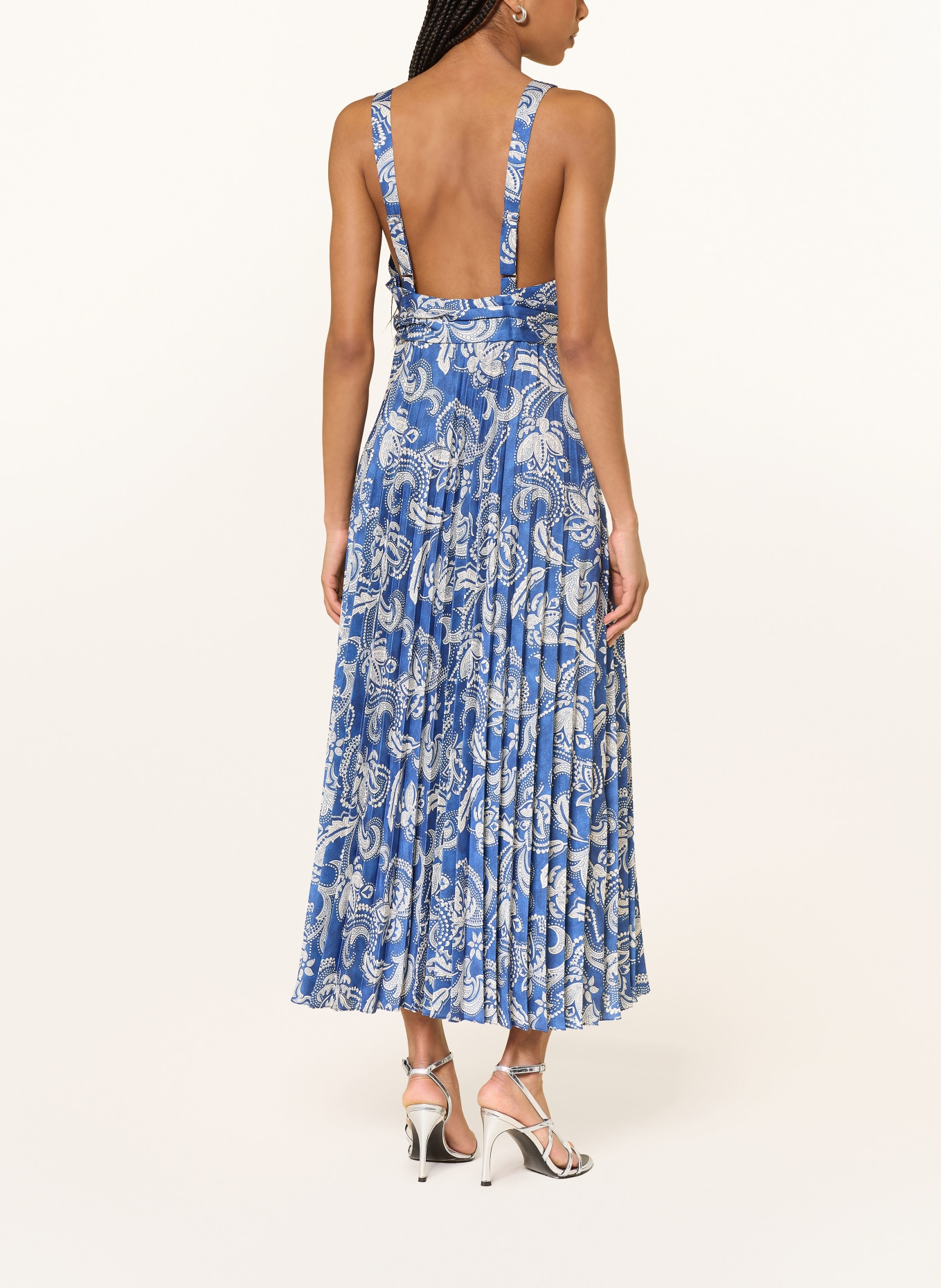 SANDRO Satinkleid mit Plissees: BLAU / CREME
