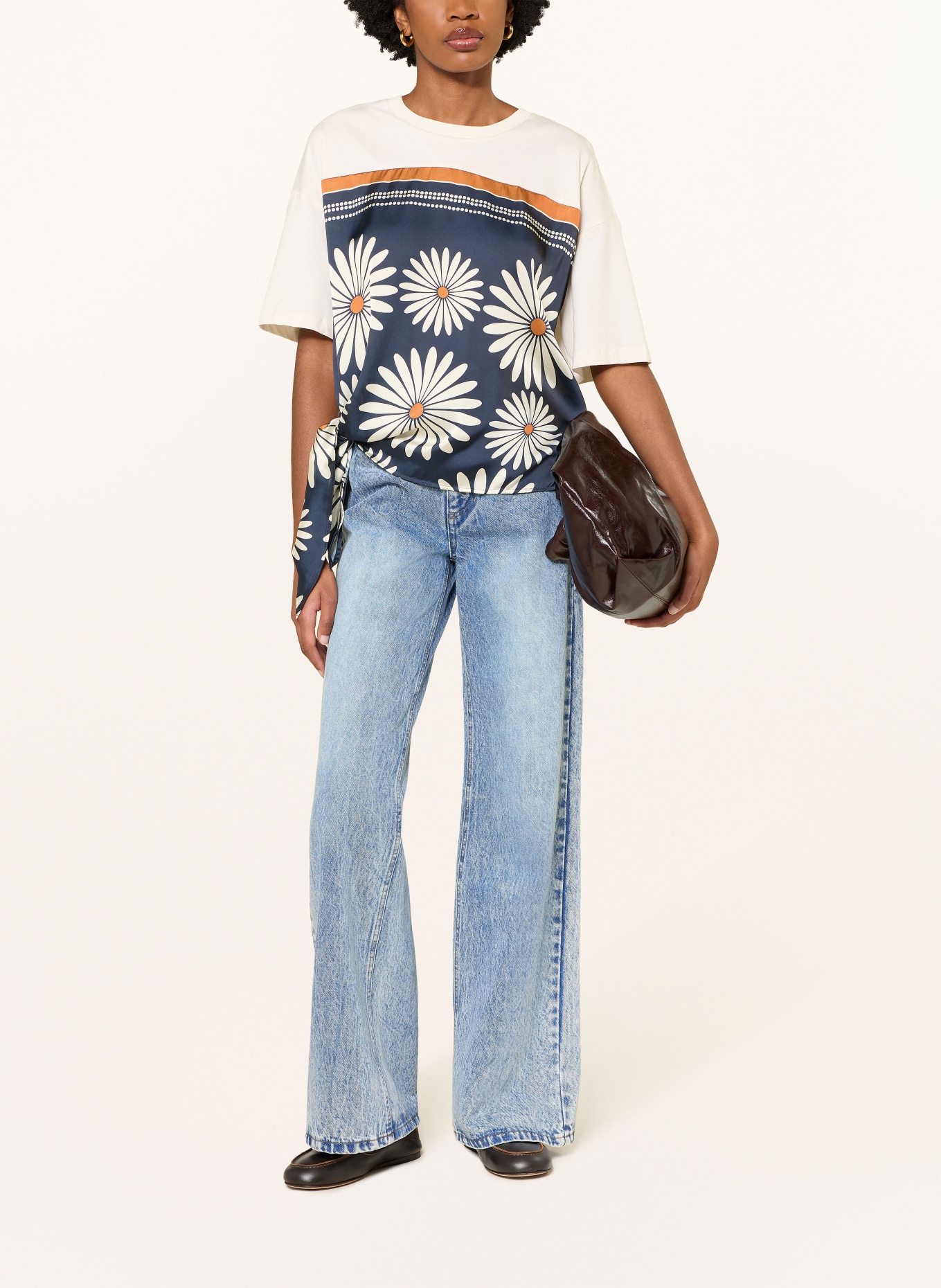 SANDRO Blusenshirt DAISY im Materialmix: DUNKELBLAU / COGNAC / WEISS