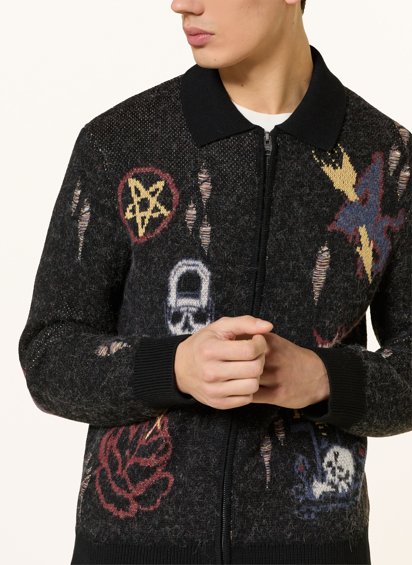 ALLSAINTS Strickjacke MELLER: SCHWARZ / DUNKELROT / DUNKELGELB