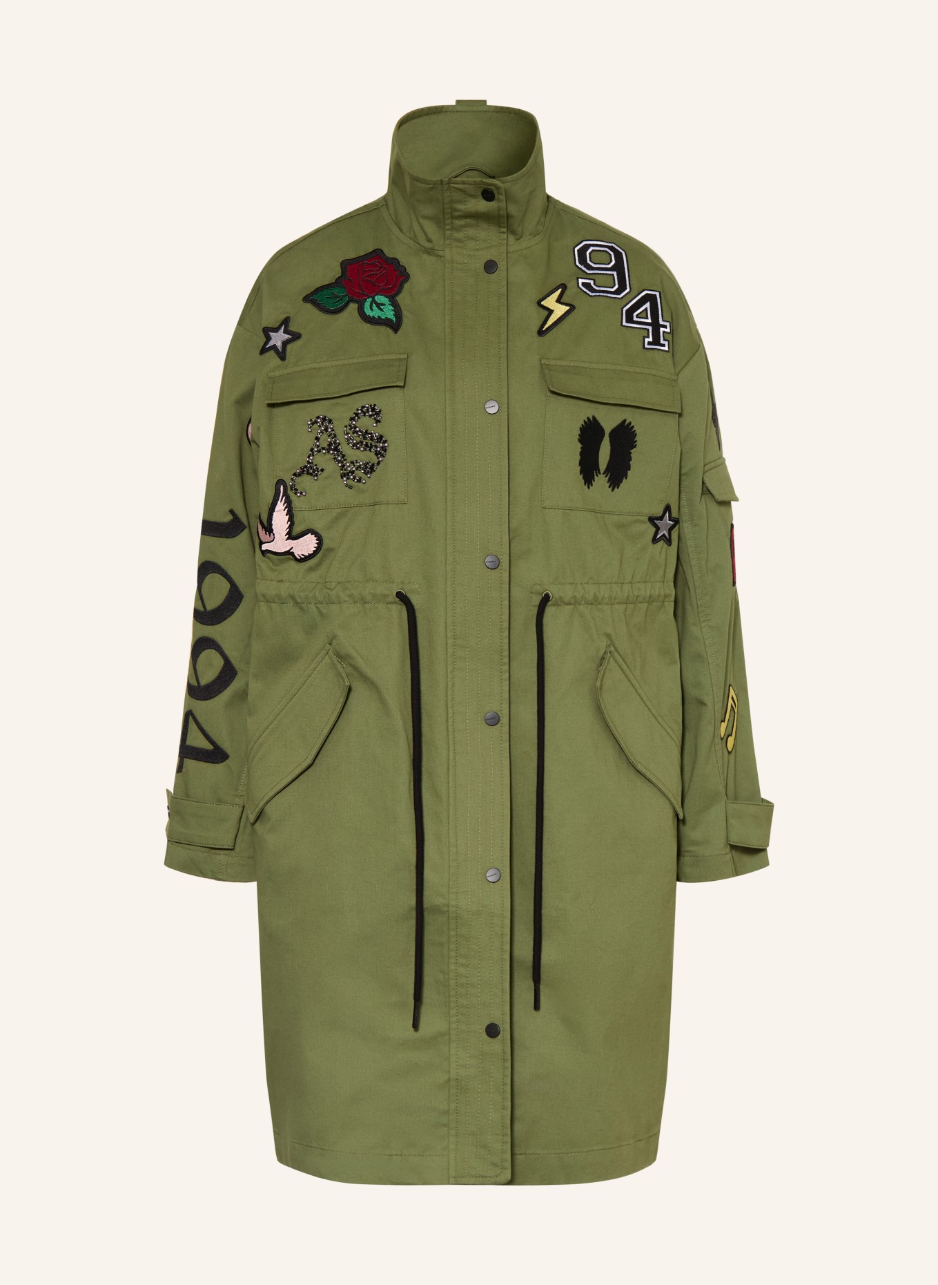 ALLSAINTS Parka ARIAA s ozdobnými perličkami: ZELENÁ / STŘÍBRNÁ / ČERNÁ