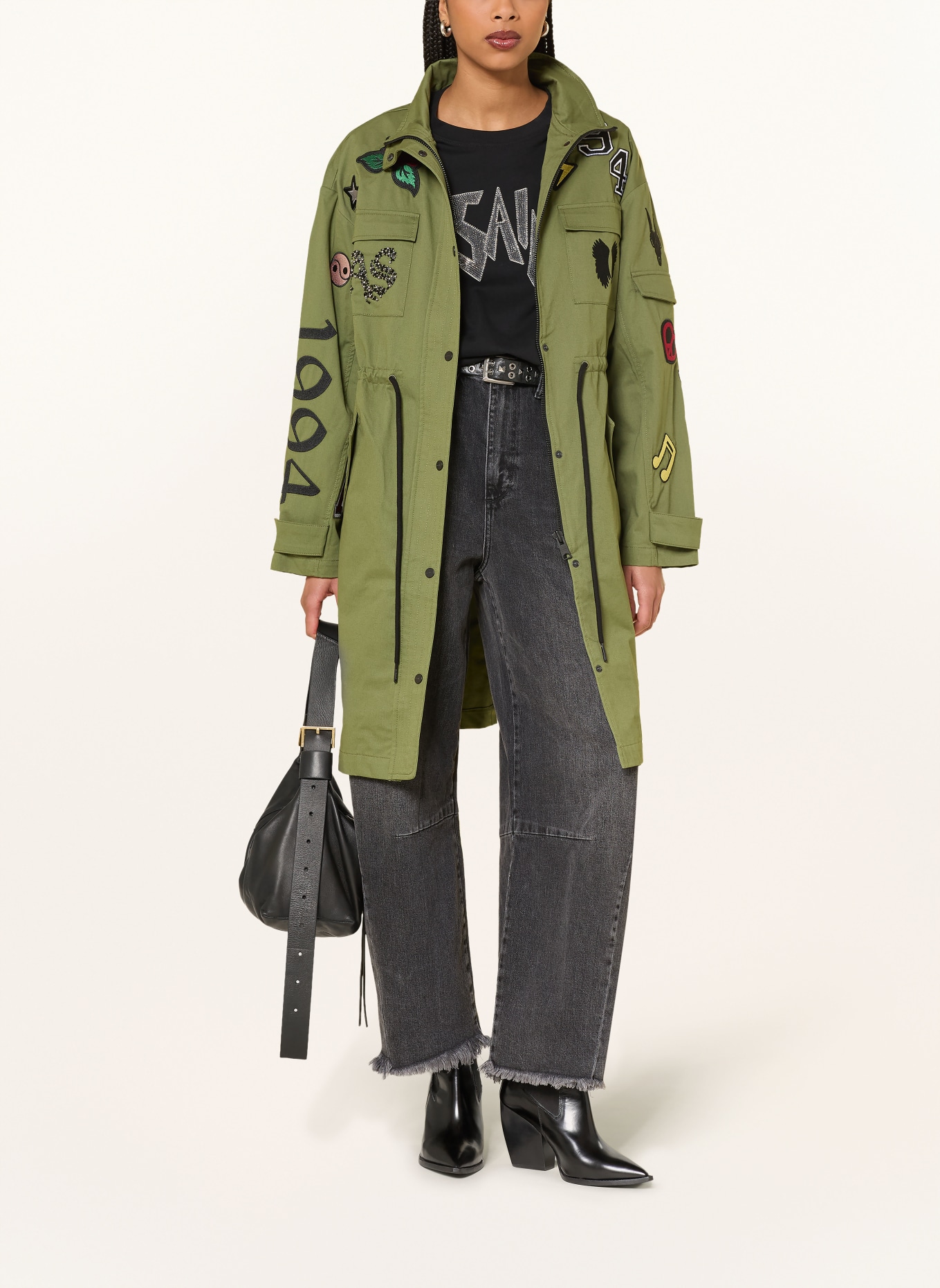 ALLSAINTS Parka ARIAA s ozdobnými perličkami: ZELENÁ / STŘÍBRNÁ / ČERNÁ