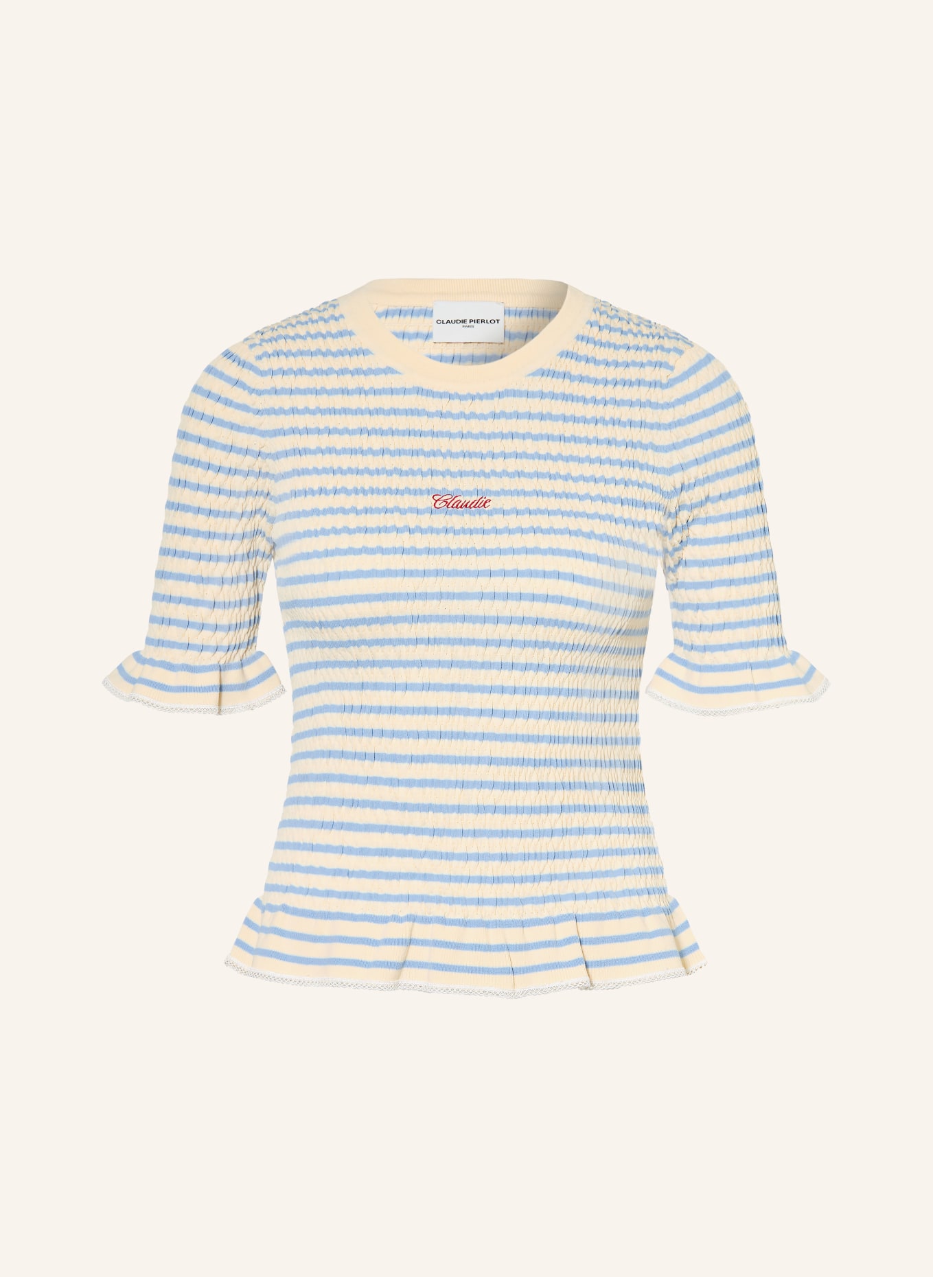 CLAUDIE PIERLOT T-Shirt mit Rüschen: CREME / ROT / HELLBLAU
