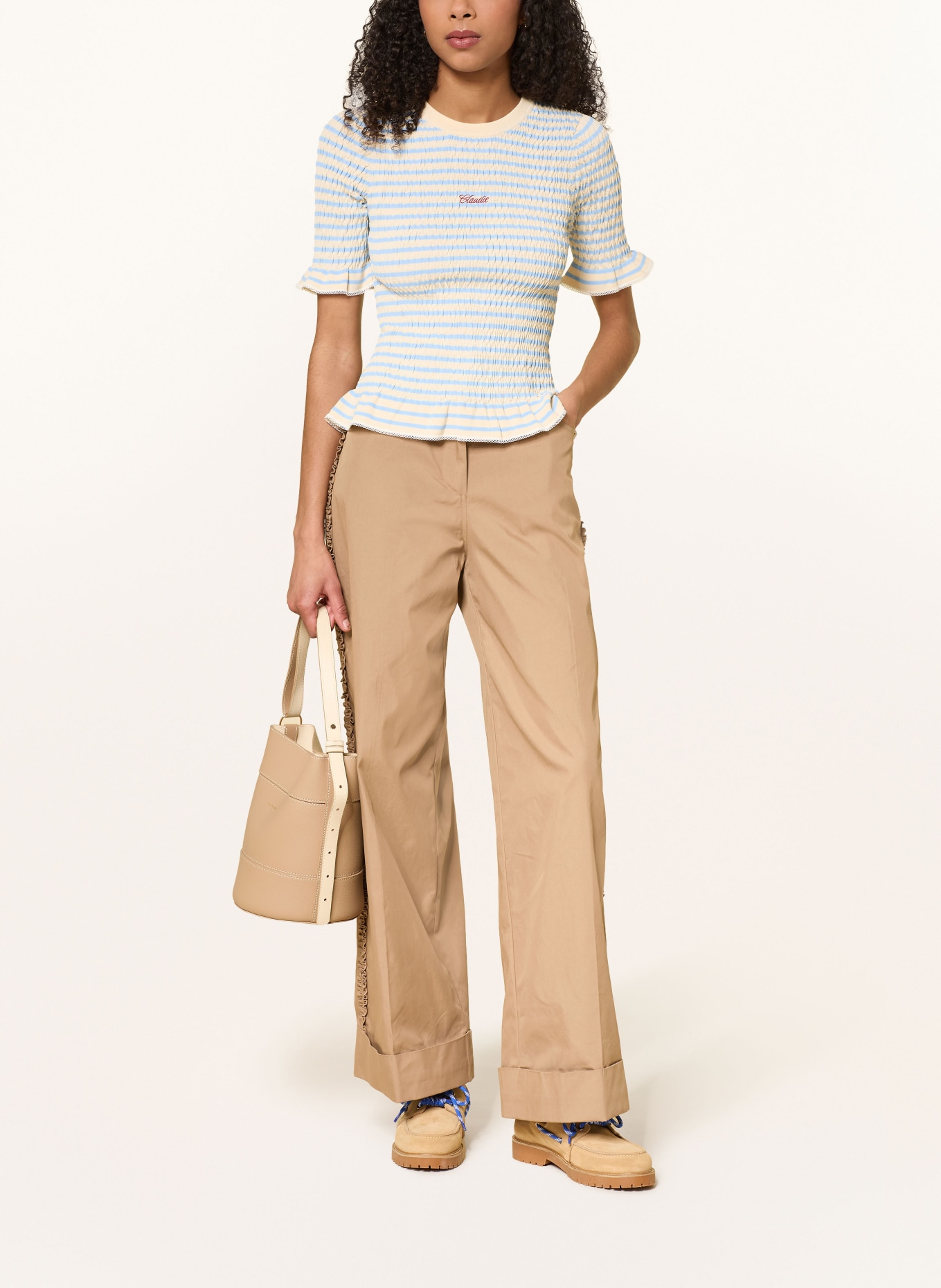 CLAUDIE PIERLOT T-Shirt mit Rüschen: CREME / ROT / HELLBLAU