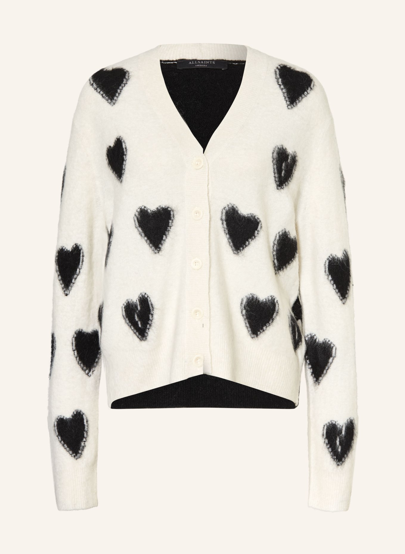 ALLSAINTS Strickjacke SCATTER HEART mit Alpaka: CREME / SCHWARZ