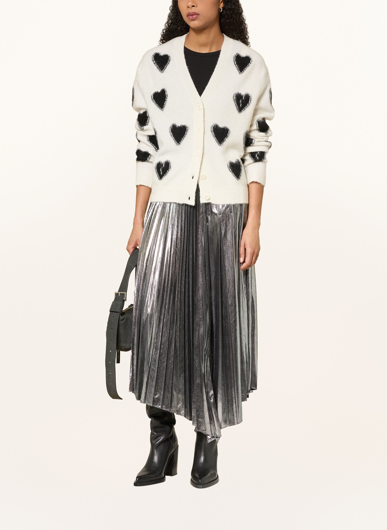 ALLSAINTS Strickjacke SCATTER HEART mit Alpaka: CREME / SCHWARZ