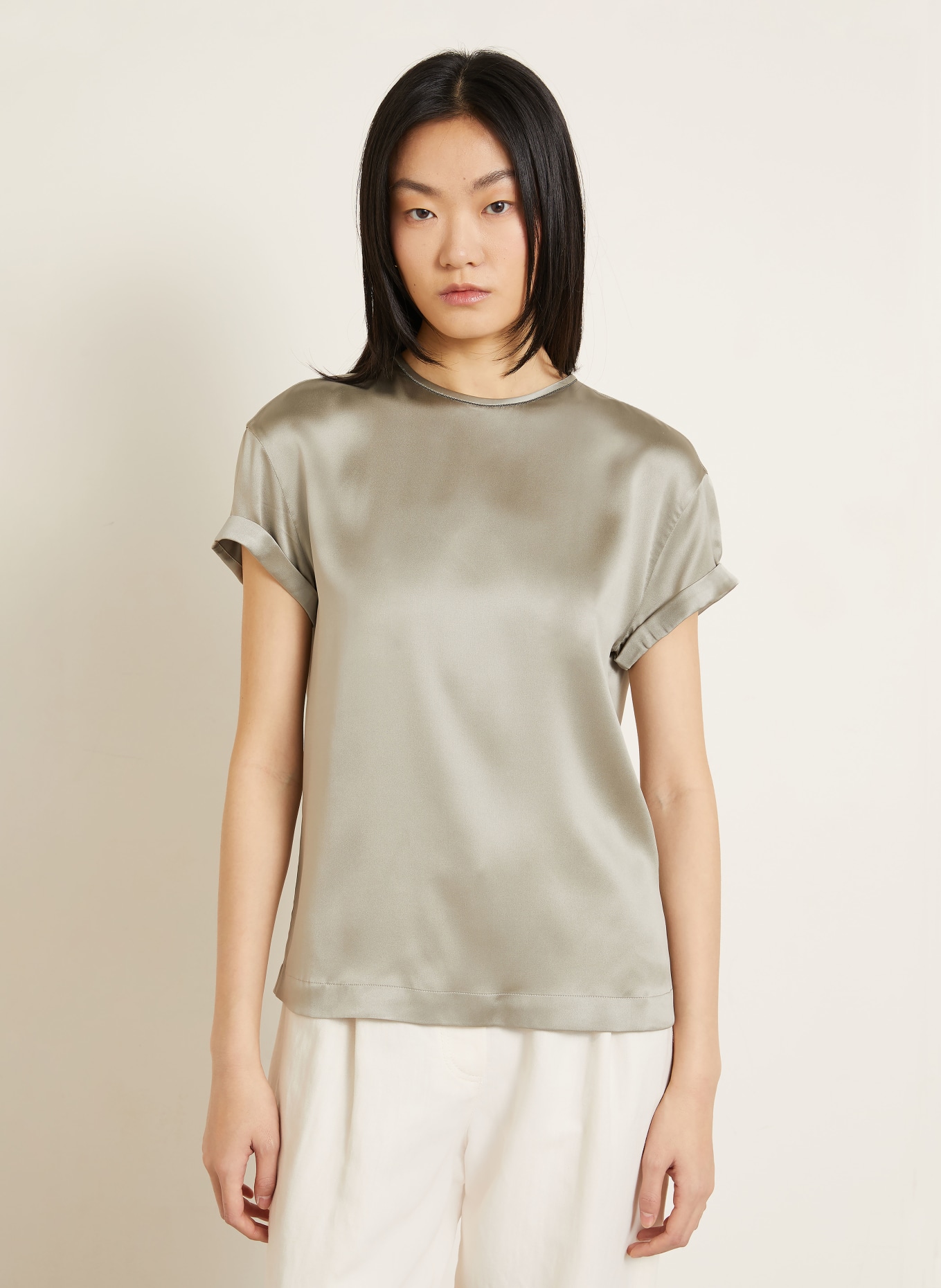 BRUNELLO CUCINELLI Blusenshirt aus Seide mit Schmucksteinen: PLATIN