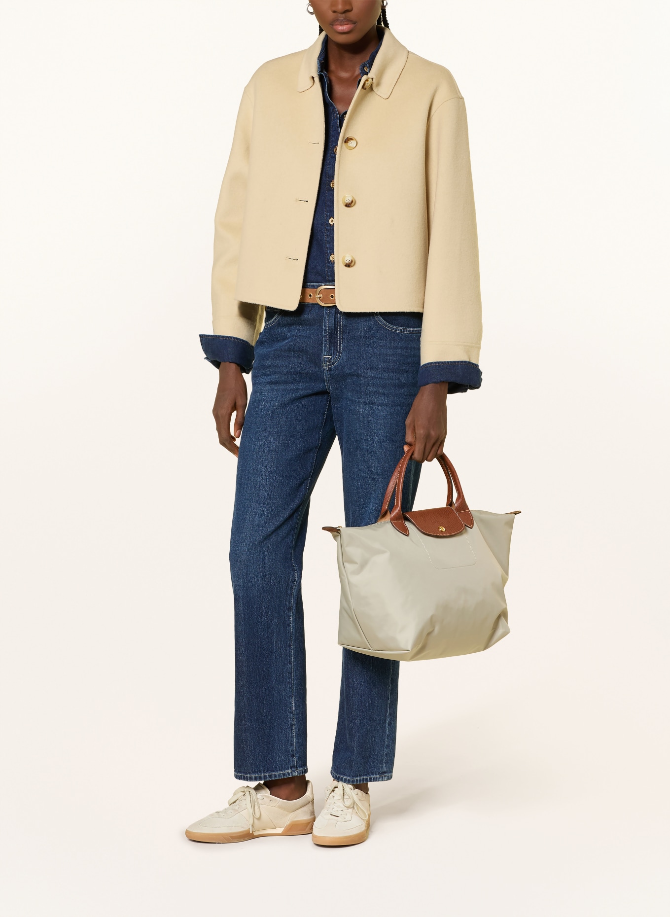 LONGCHAMP Handtasche LE PLIAGE M: HELLGRAU / BRAUN