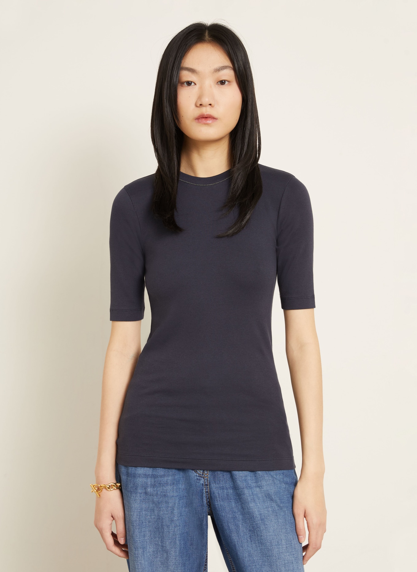 BRUNELLO CUCINELLI Dzianinowa bluzka z koralikami: GRANATOWY