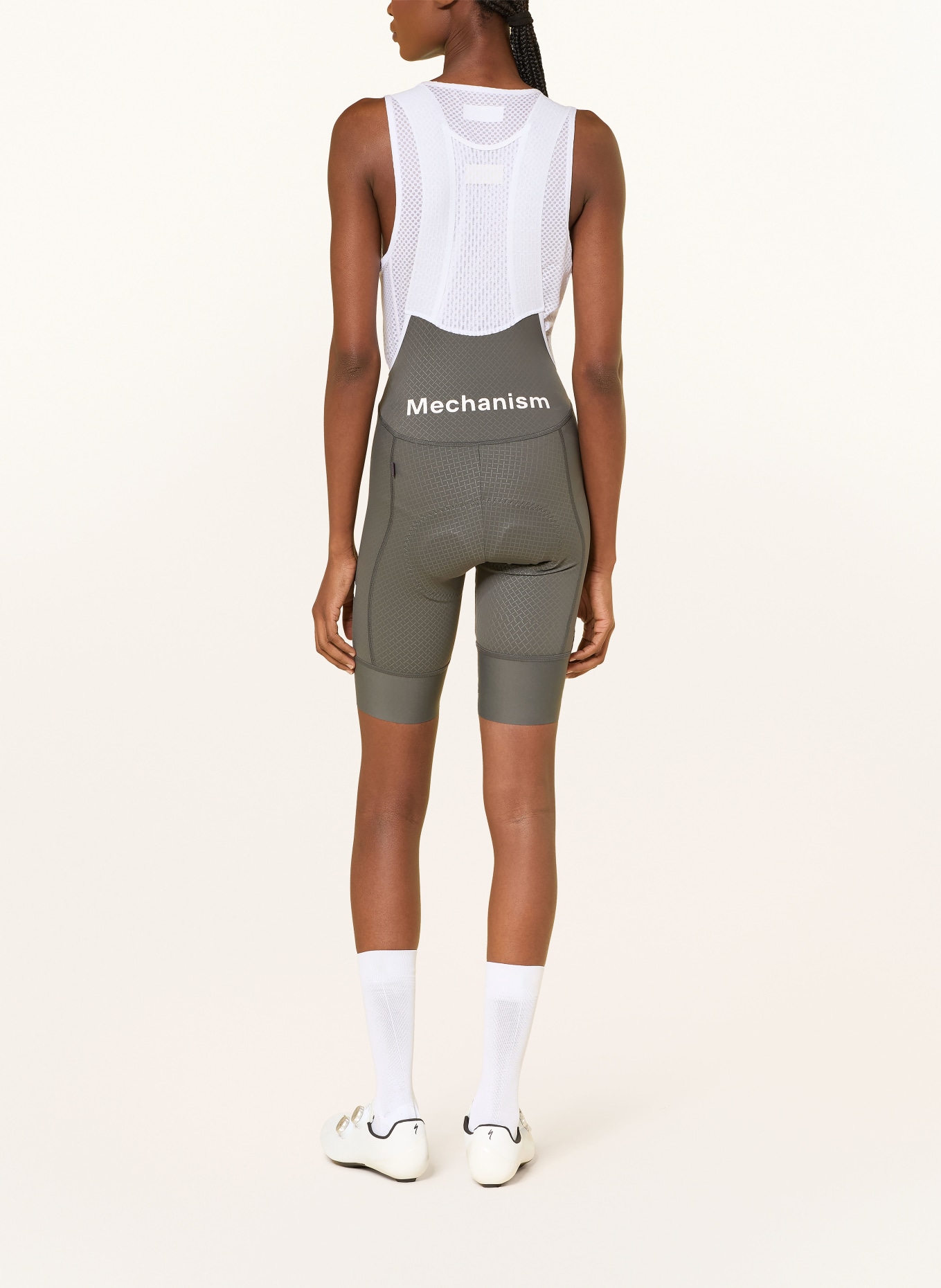 PAS NORMAL STUDIOS Fietsbroek MECHANISM BIBS met bretels en gewatteerde inzetstukken: WIT / DONKERGRIJS