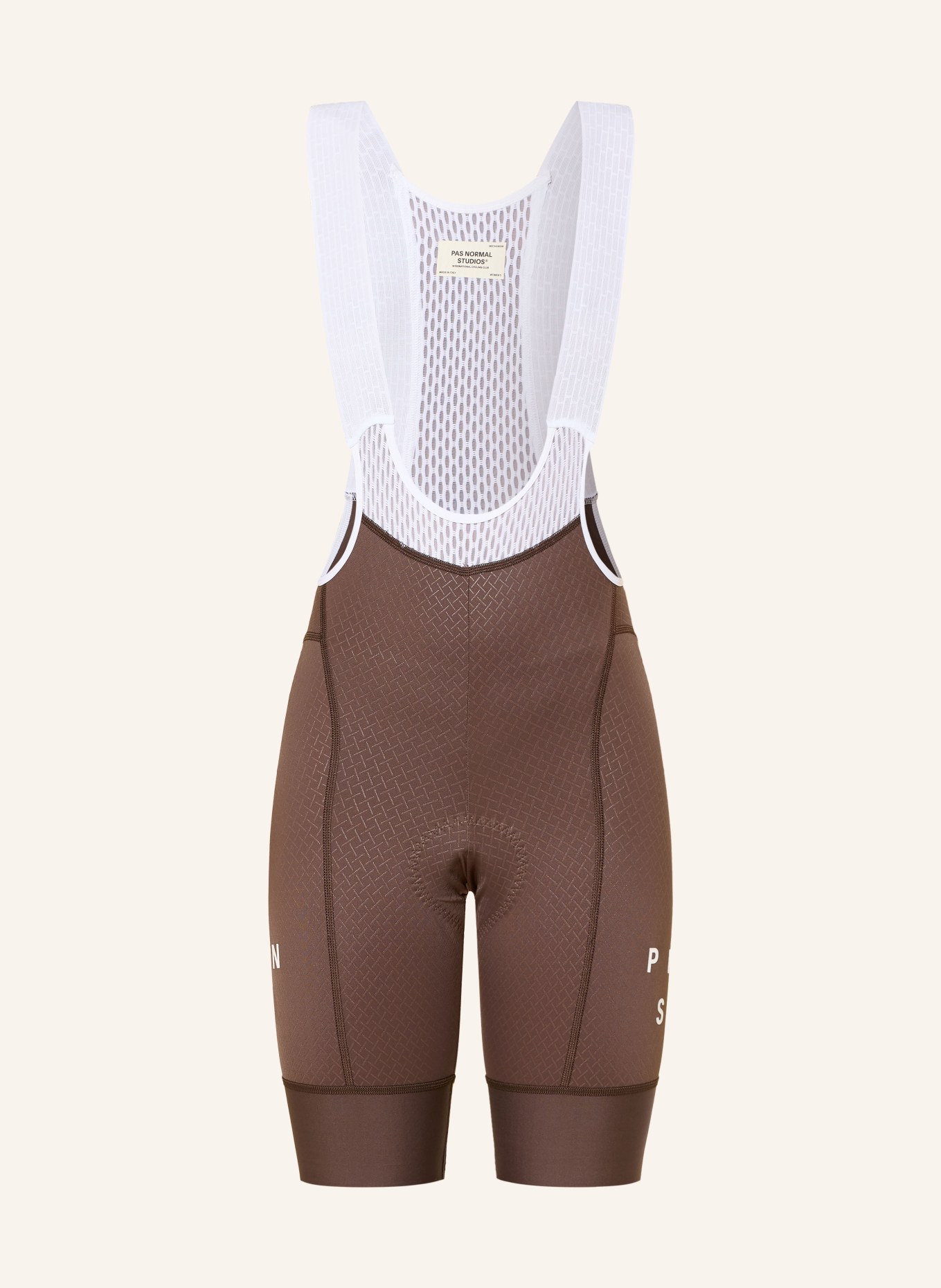 PAS NORMAL STUDIOS MECHANISM BIBS cycling shorts with straps and padded insert: DARK BROWN / WHITE