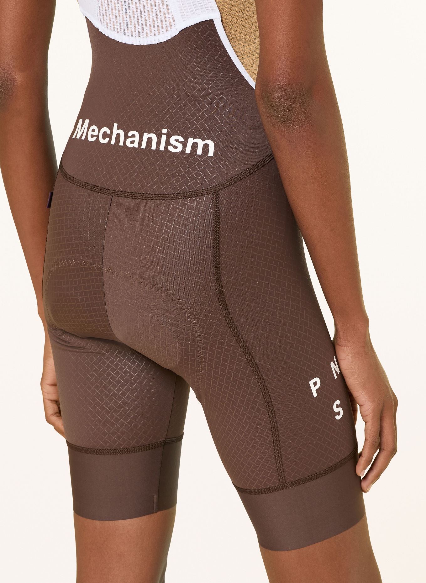 PAS NORMAL STUDIOS MECHANISM BIBS cycling shorts with straps and padded insert: DARK BROWN / WHITE