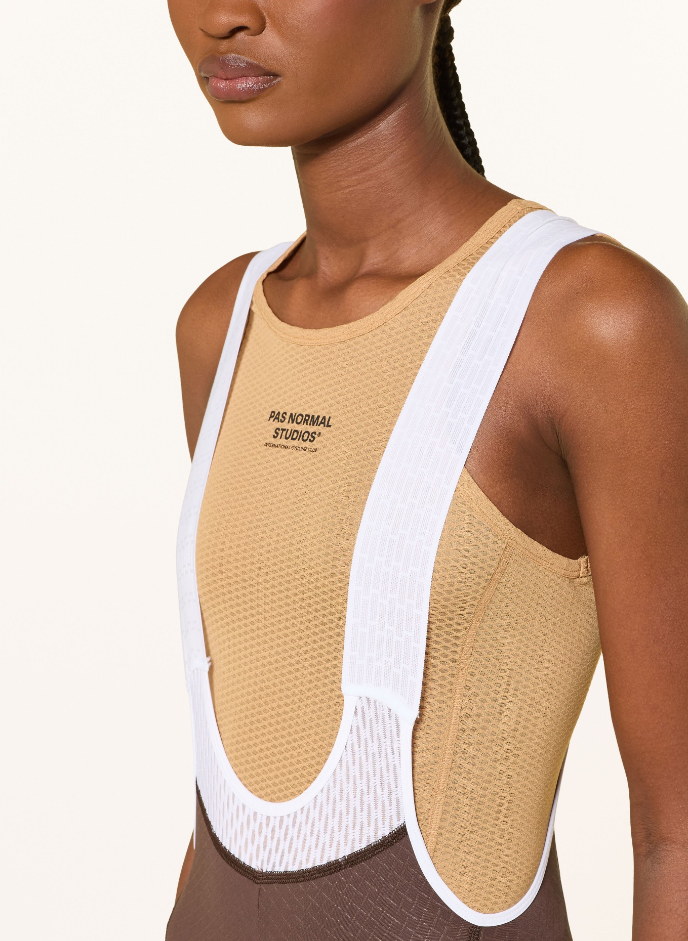 PAS NORMAL STUDIOS MECHANISM BIBS cycling shorts with straps and padded insert: DARK BROWN / WHITE