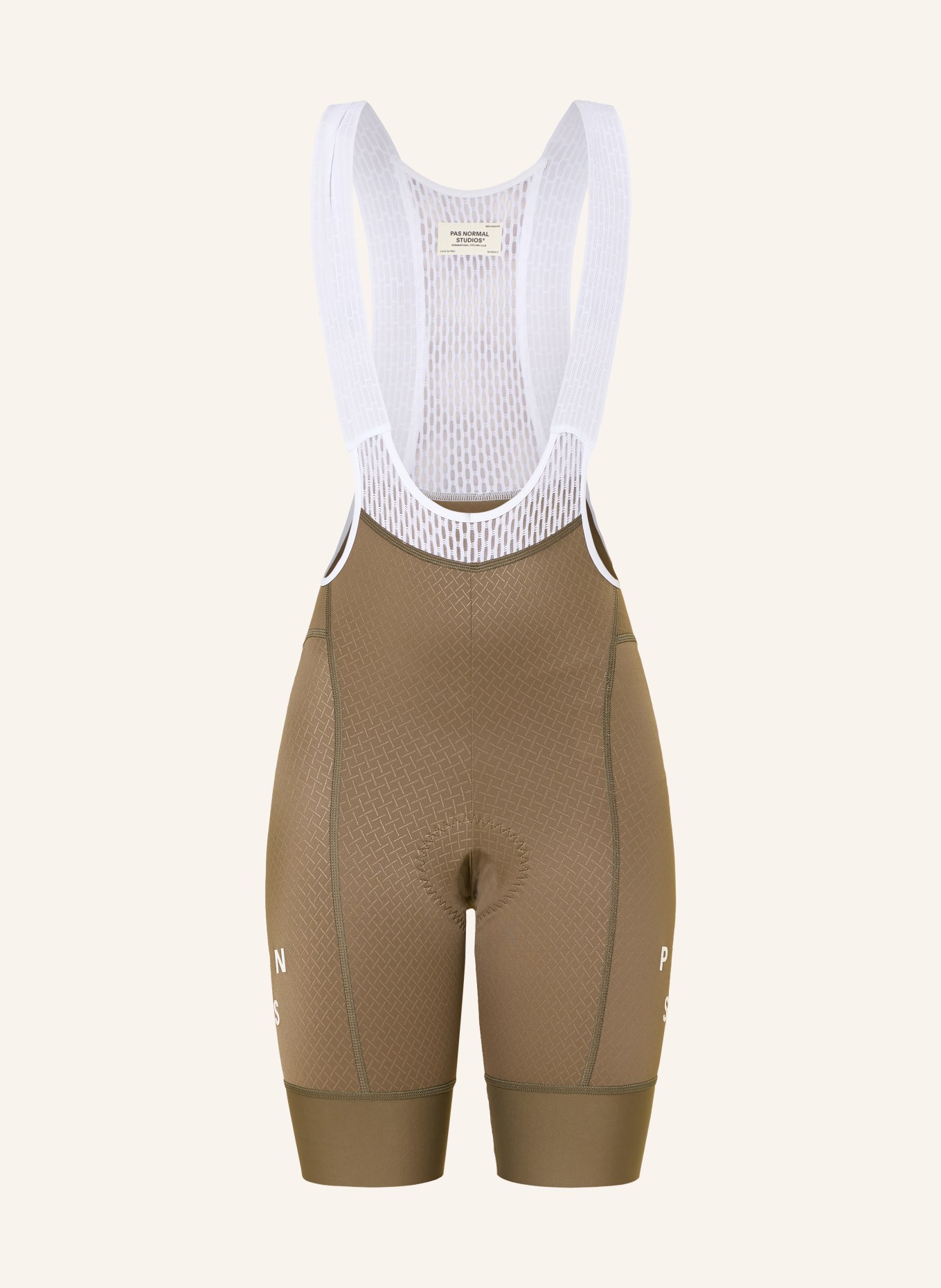 PAS NORMAL STUDIOS MECHANISM BIBS cycling shorts with straps and padded insert: KHAKI / WHITE