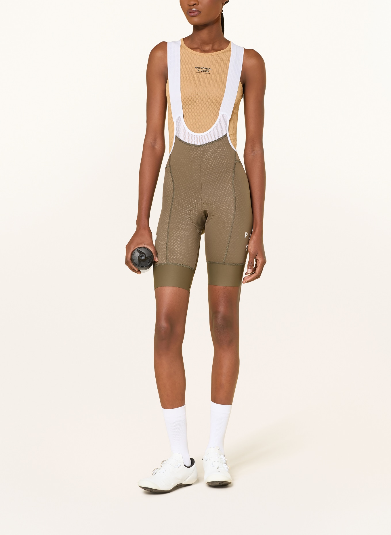 PAS NORMAL STUDIOS MECHANISM BIBS cycling shorts with straps and padded insert: KHAKI / WHITE