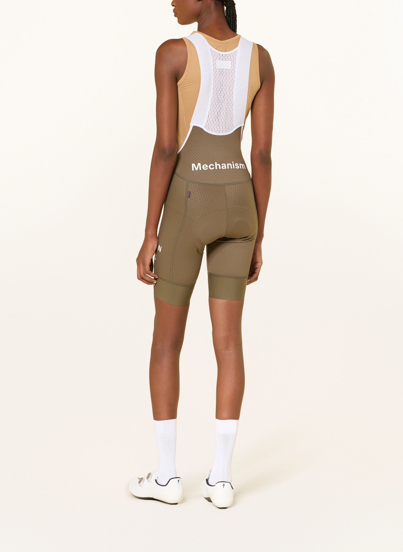 PAS NORMAL STUDIOS MECHANISM BIBS cycling shorts with straps and padded insert: KHAKI / WHITE