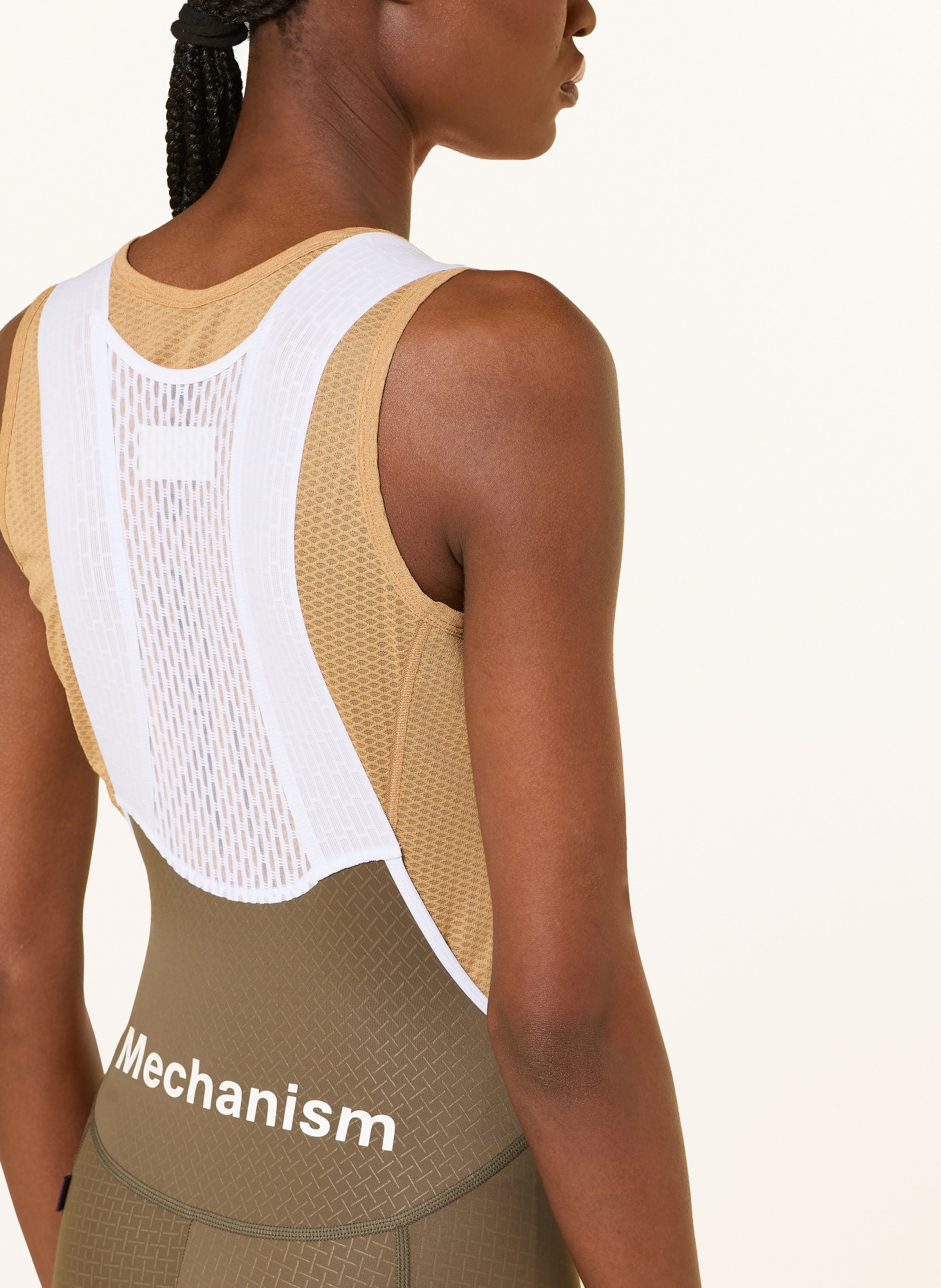 PAS NORMAL STUDIOS MECHANISM BIBS cycling shorts with straps and padded insert: KHAKI / WHITE