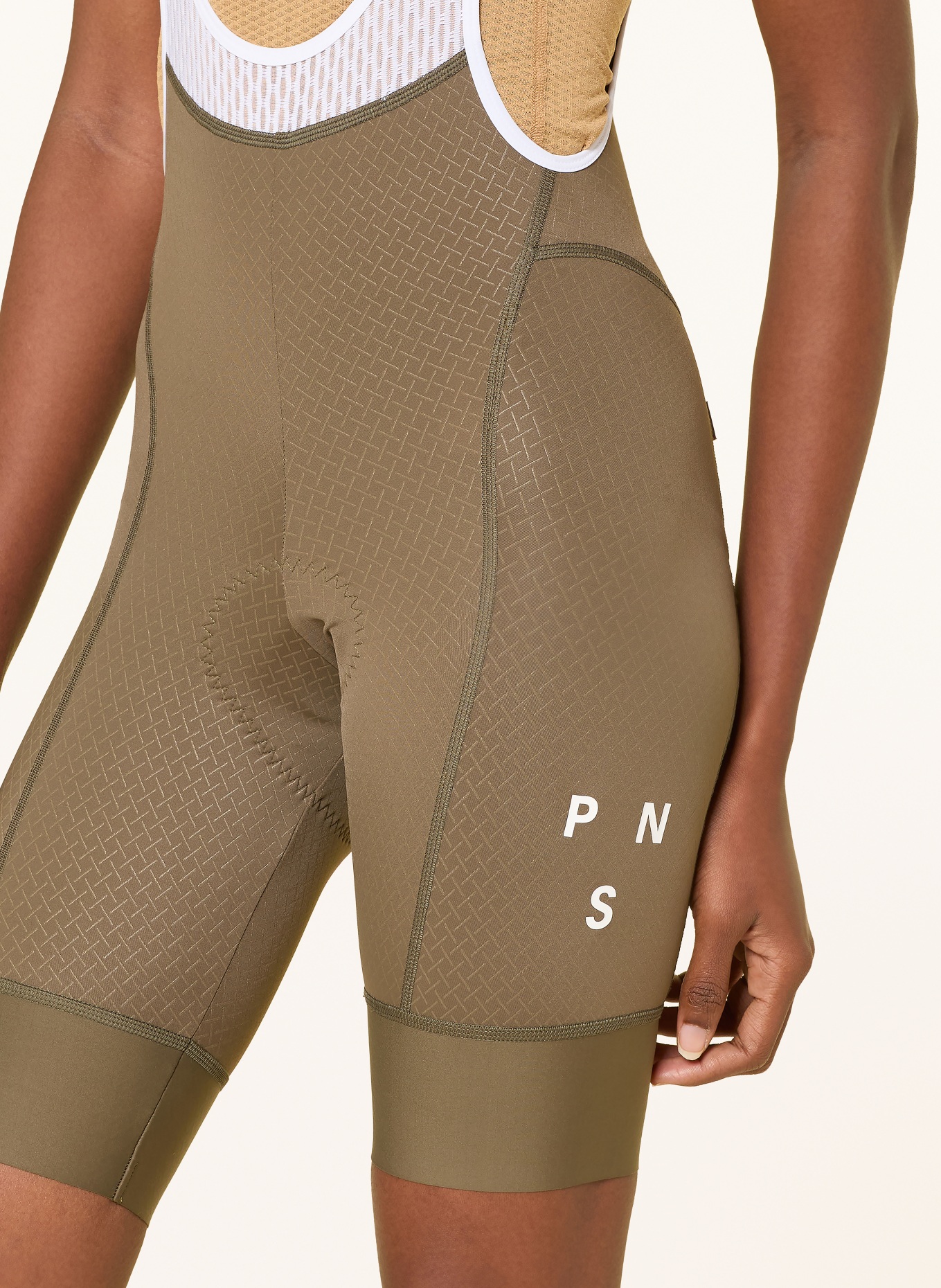 PAS NORMAL STUDIOS MECHANISM BIBS cycling shorts with straps and padded insert: KHAKI / WHITE