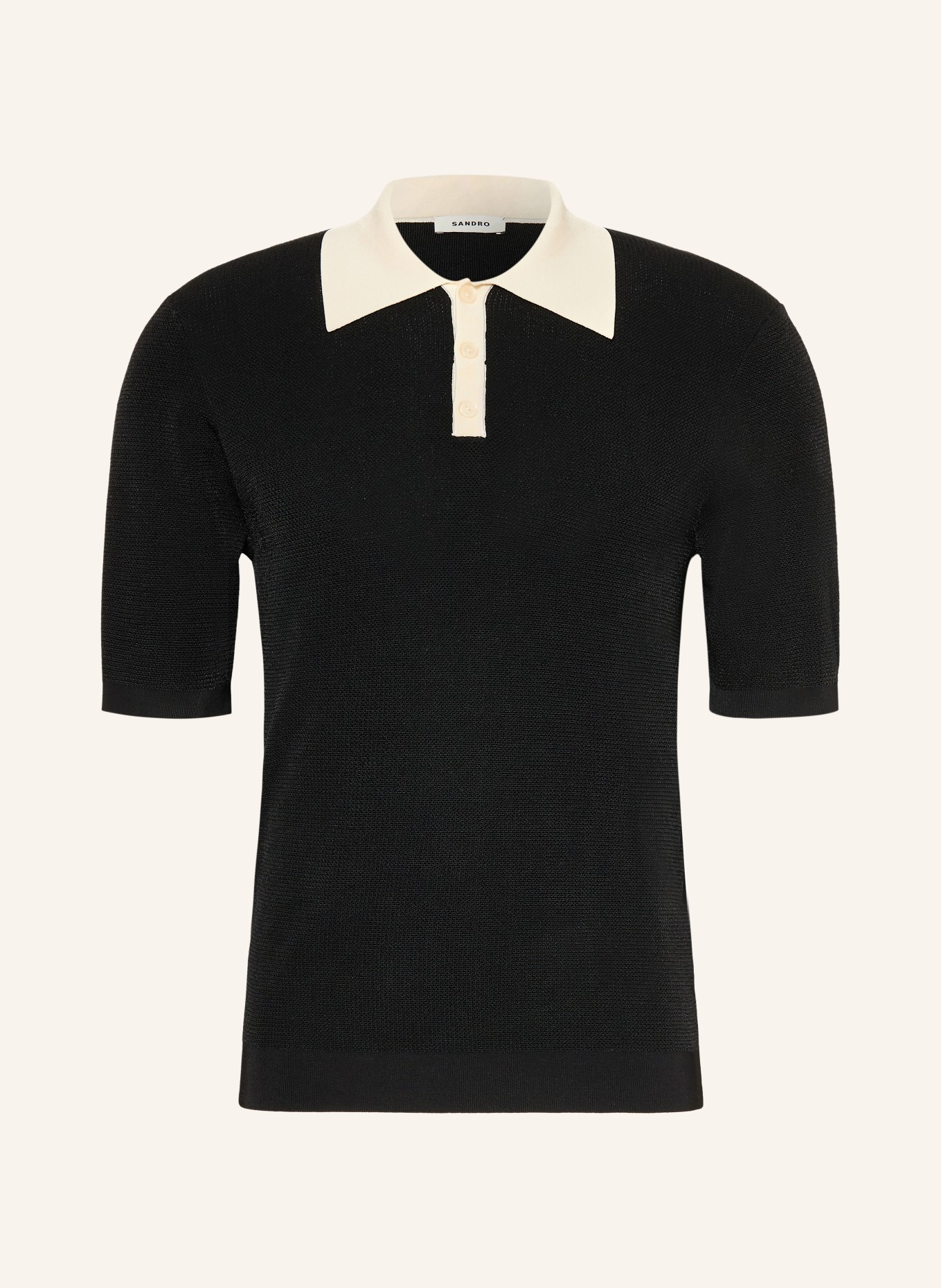 SANDRO Strick-Poloshirt: SCHWARZ / CREME