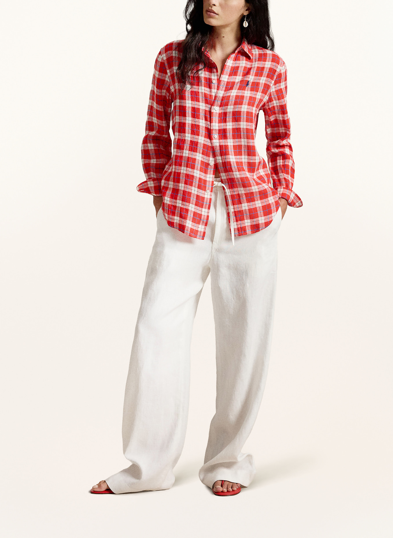 POLO RALPH LAUREN Linnen overhemdblouse: ROOD / BLAUW / WIT