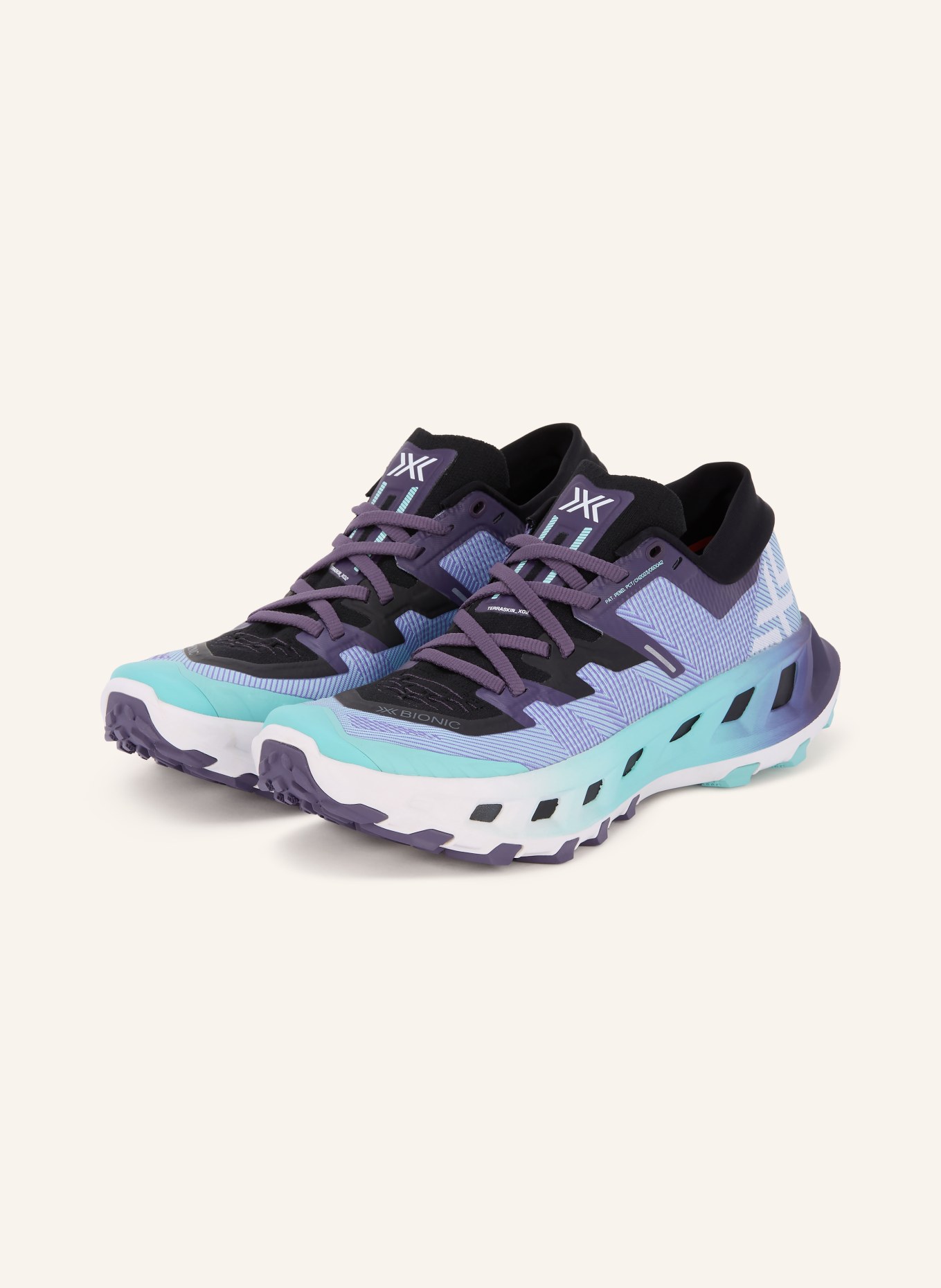 X-BIONIC Trailrunning-Schuhe TERRASKIN X02: SCHWARZ / LILA / NEONTÜRKIS