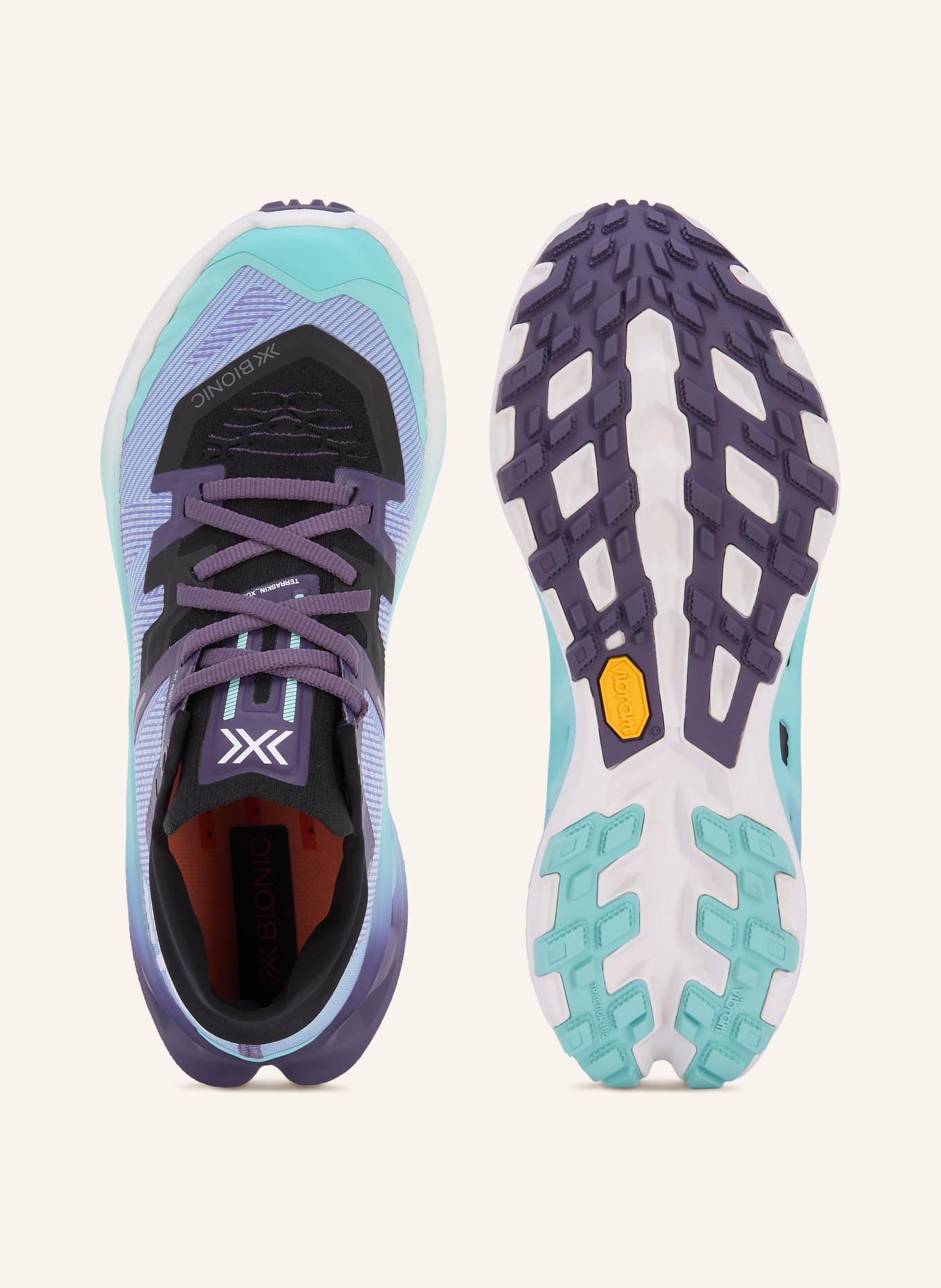 X-BIONIC Trailrunning-Schuhe TERRASKIN X02: SCHWARZ / LILA / NEONTÜRKIS