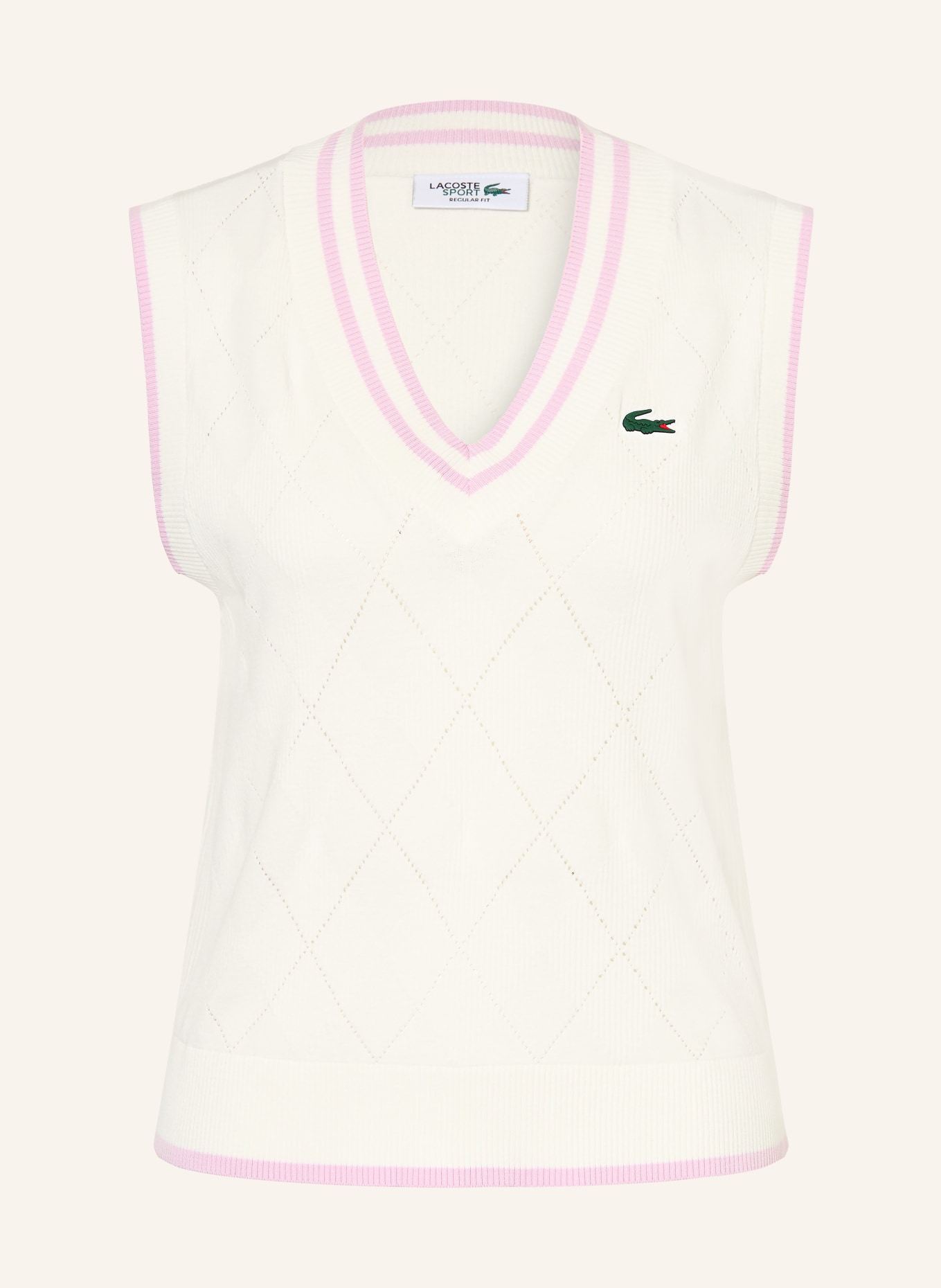 LACOSTE pull sans manches: BLANC / ROSE