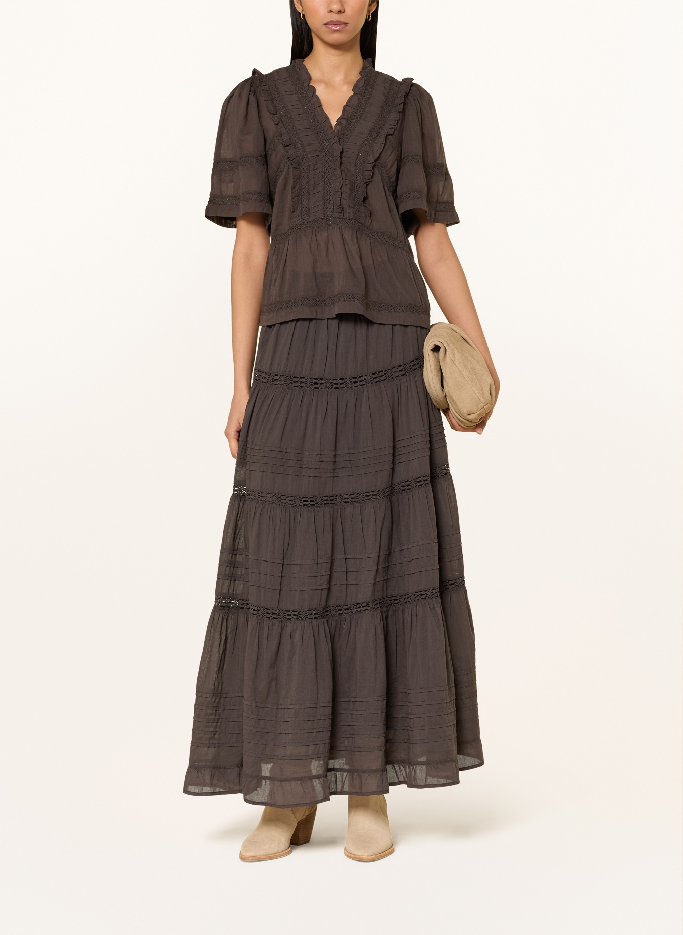 NEO NOIR Shirt blouse EVIENNE with ruffles: DARK BROWN