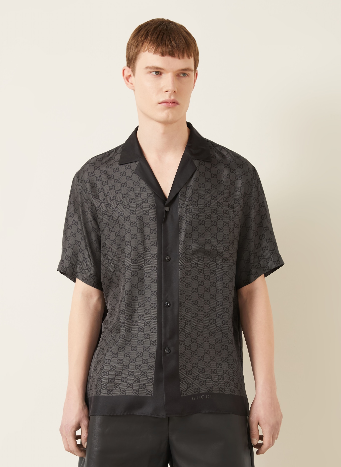 GUCCI Regular-Fit Resort Shirt: DARK GRAY / BLACK