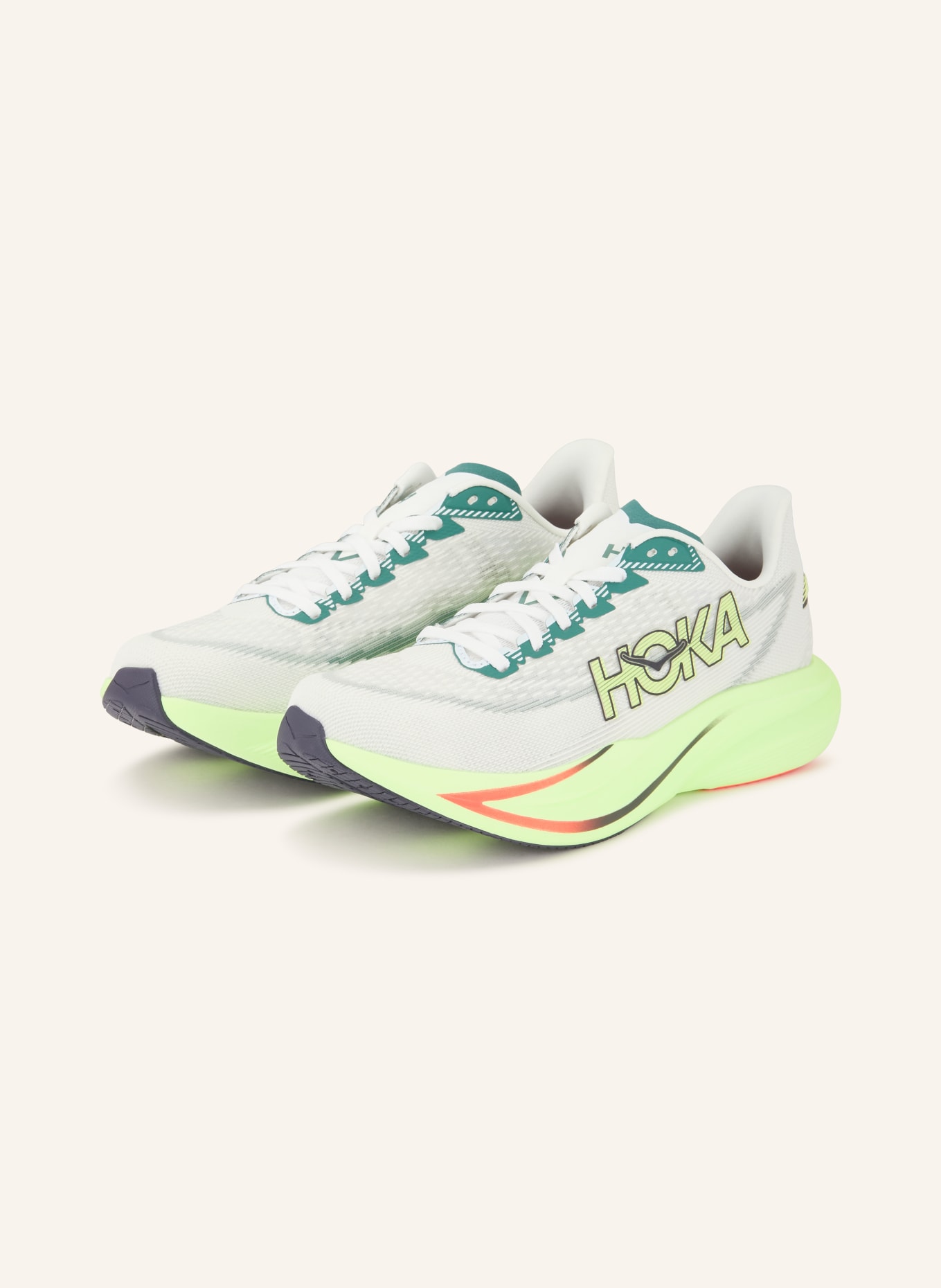 HOKA Hardloopschoenen MACH 7: LICHTGRIJS / NEONGEEL / DONKERGROEN