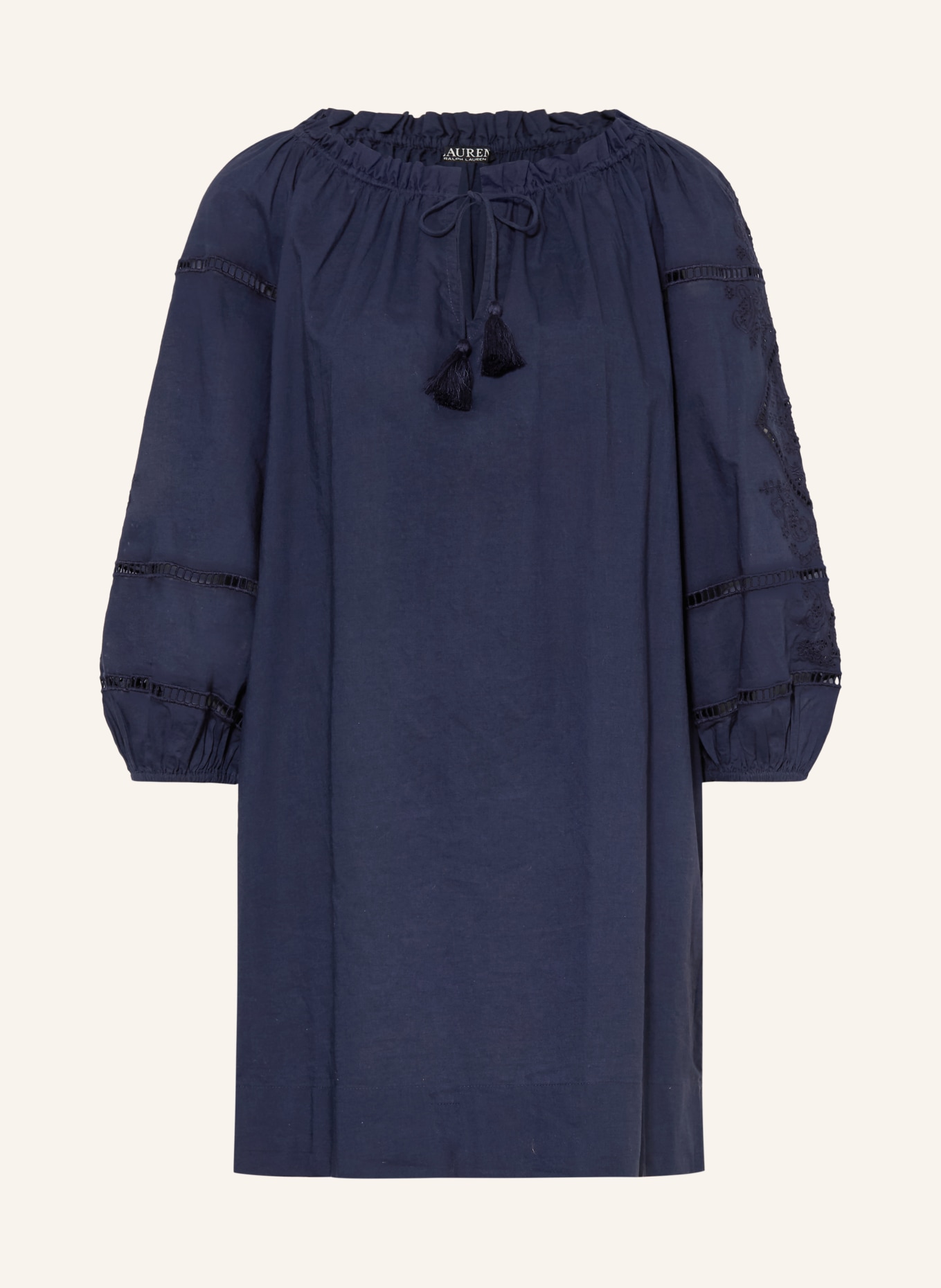 LAUREN RALPH LAUREN Strandjurk met opengewerkte kant en 3/4-mouwen: DONKERBLAUW