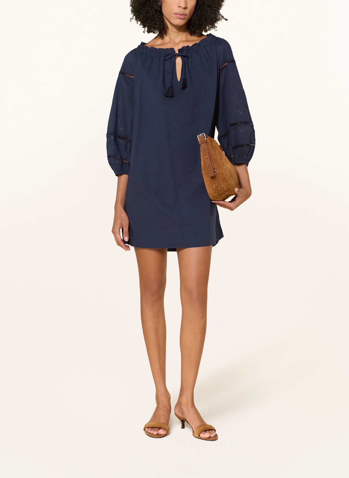 LAUREN RALPH LAUREN Strandjurk met opengewerkte kant en 3/4-mouwen: DONKERBLAUW