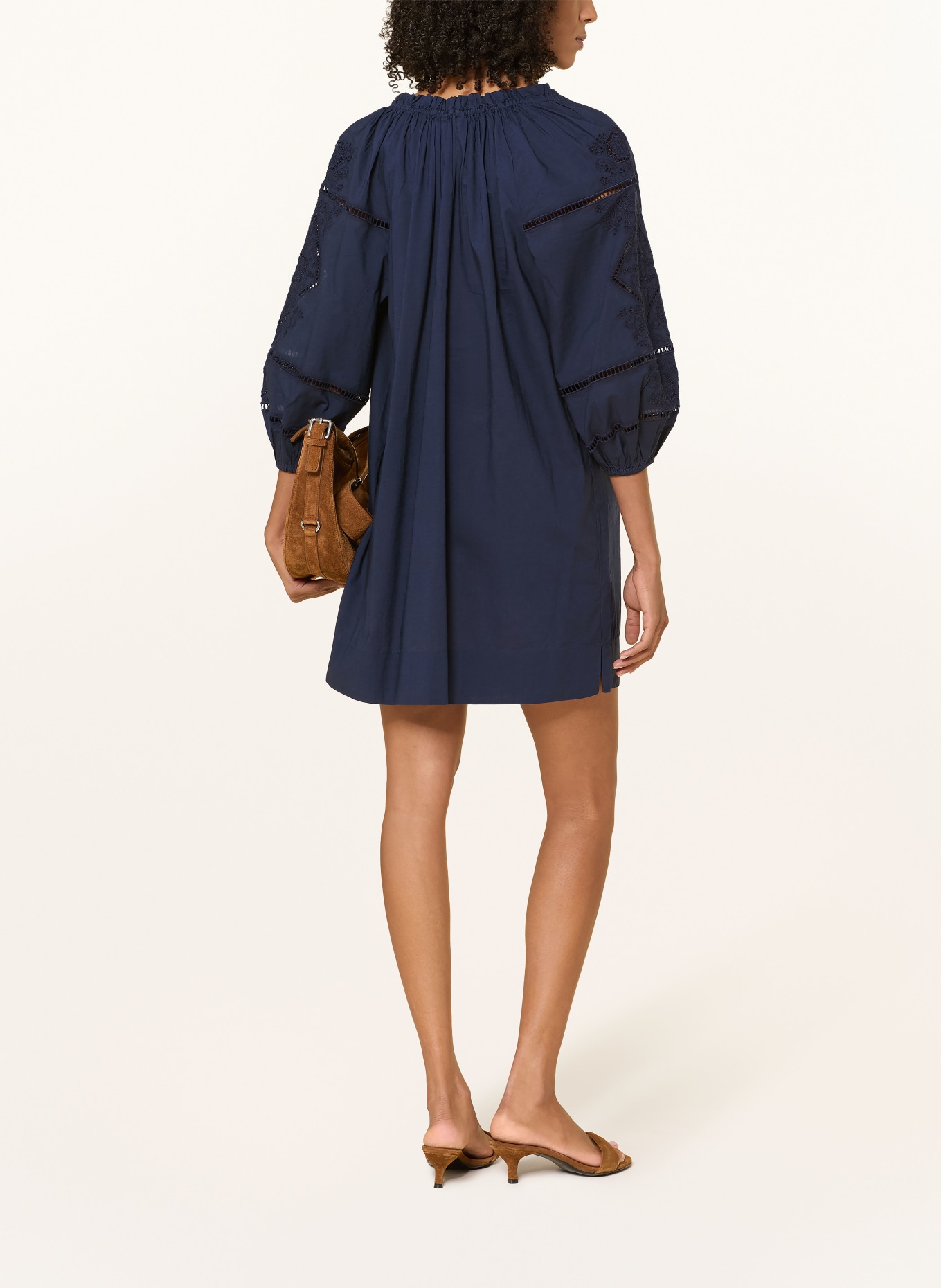 LAUREN RALPH LAUREN Strandjurk met opengewerkte kant en 3/4-mouwen: DONKERBLAUW