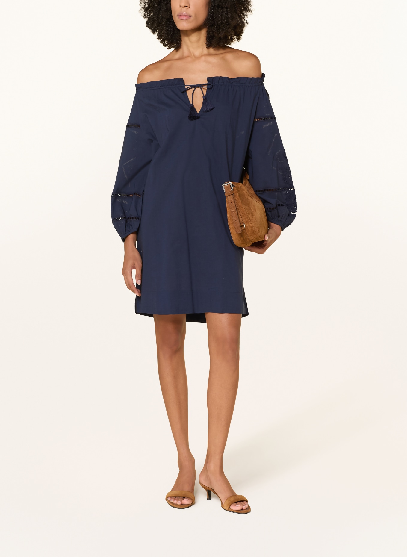 LAUREN RALPH LAUREN Strandjurk met opengewerkte kant en 3/4-mouwen: DONKERBLAUW