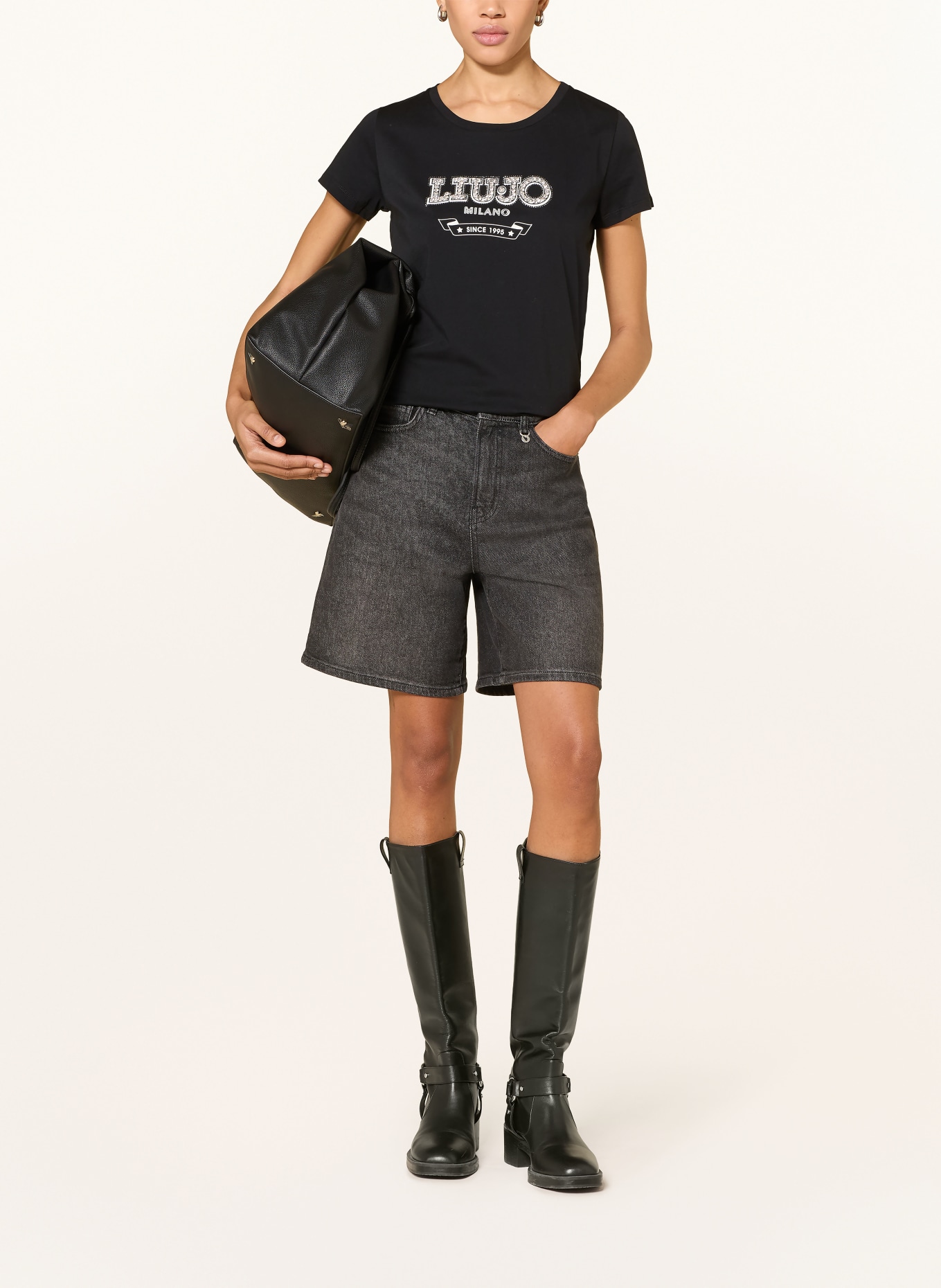 LIU JO T-shirt met strass-steentjes: ZWART / ZILVER / ECRU