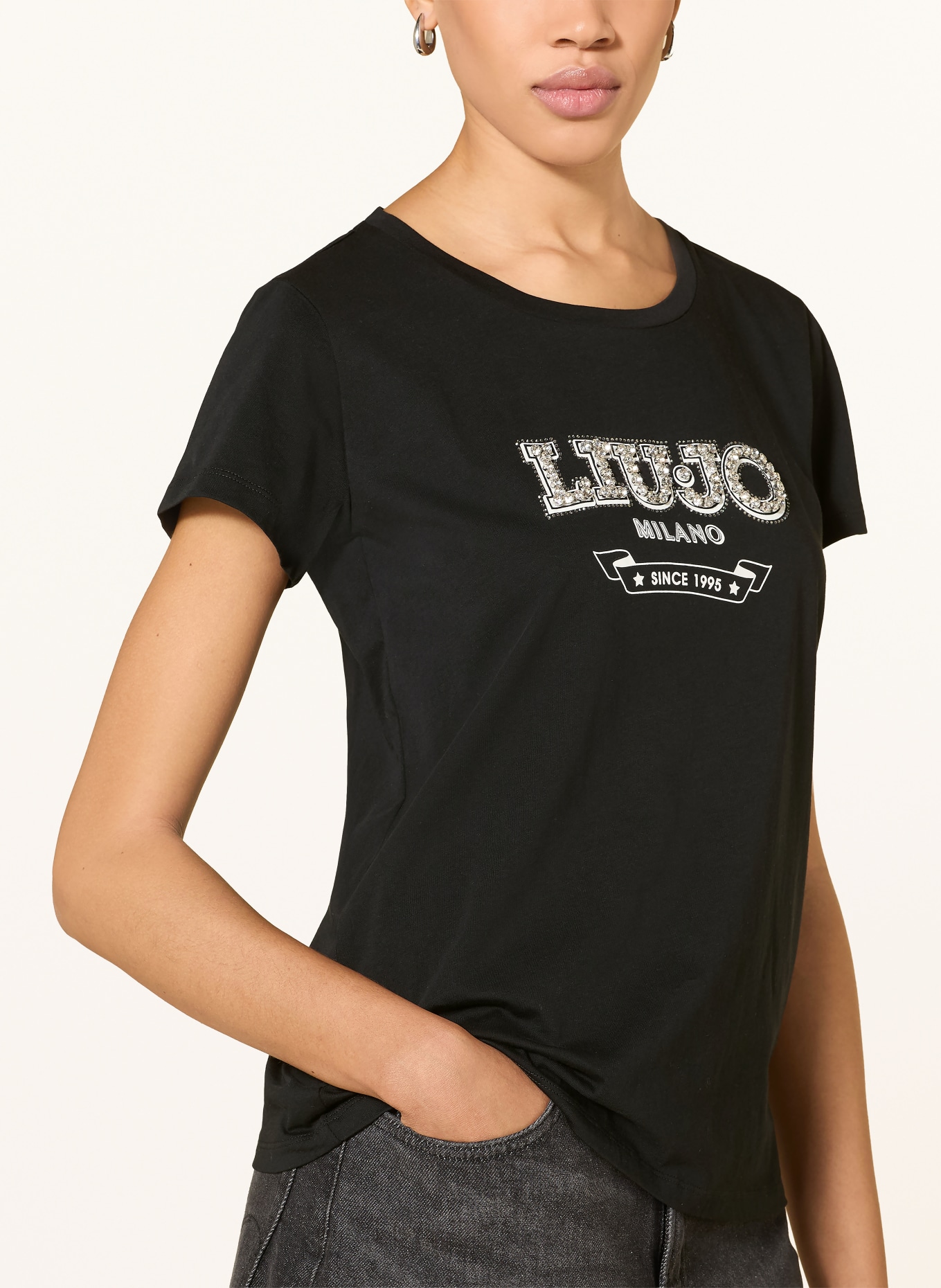 LIU JO T-shirt met strass-steentjes: ZWART / ZILVER / ECRU